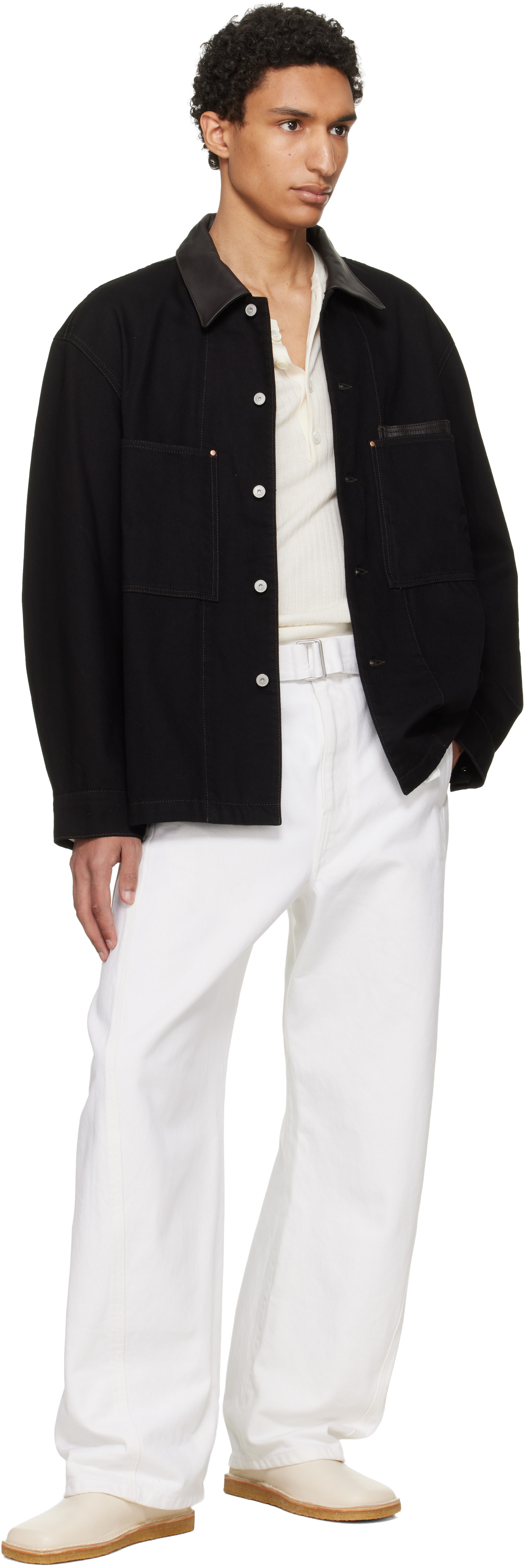 LEMAIRE: Black Workwear Leather Collar Denim Overshirt | SSENSE