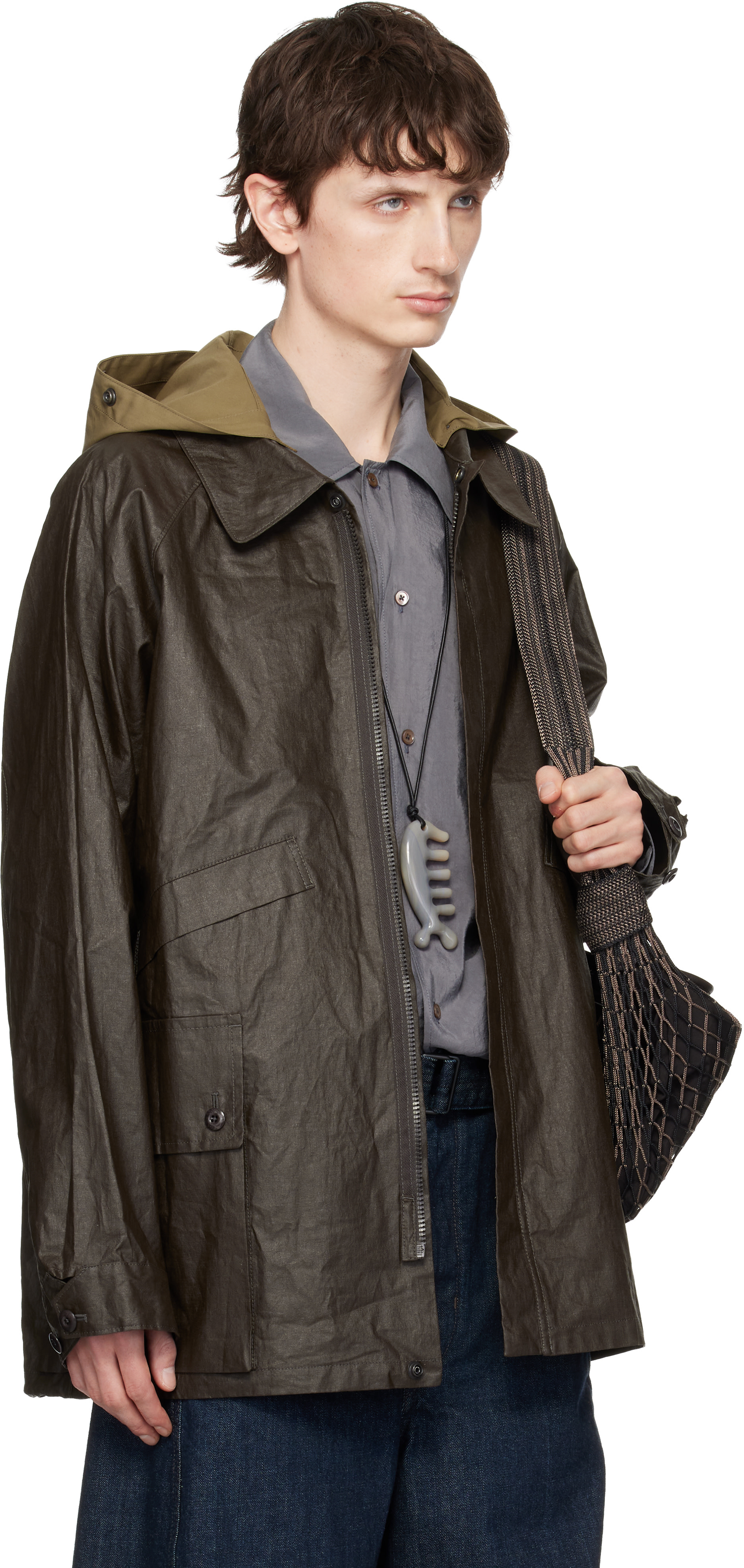 LEMAIRE: Brown Detachable Hood Coated Technical Linen Rain Jacket