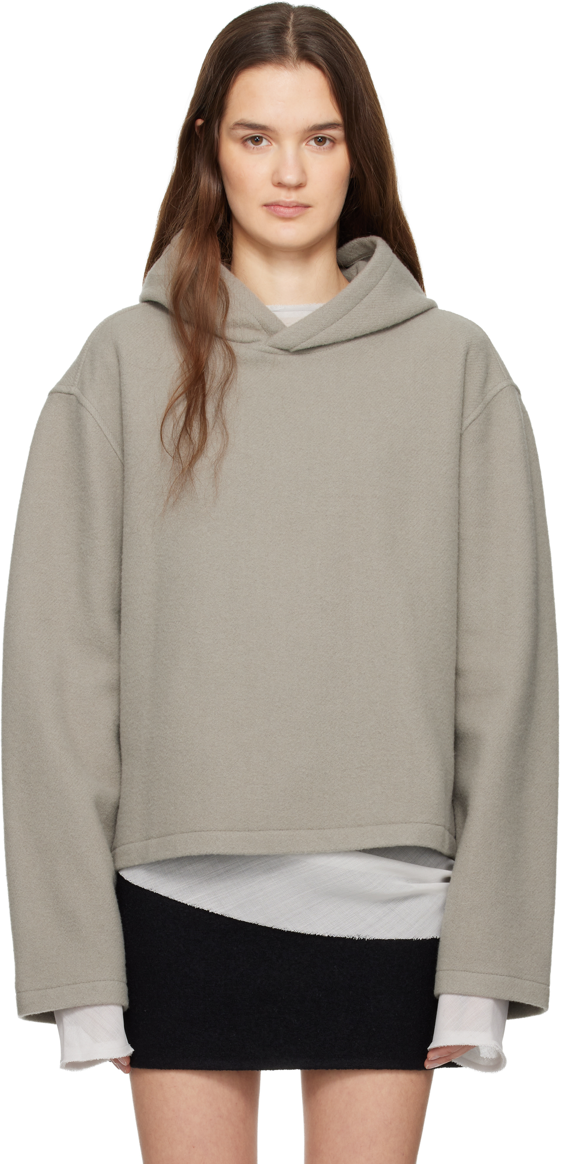 Rier - Pull à capuche écourté gris en molleton