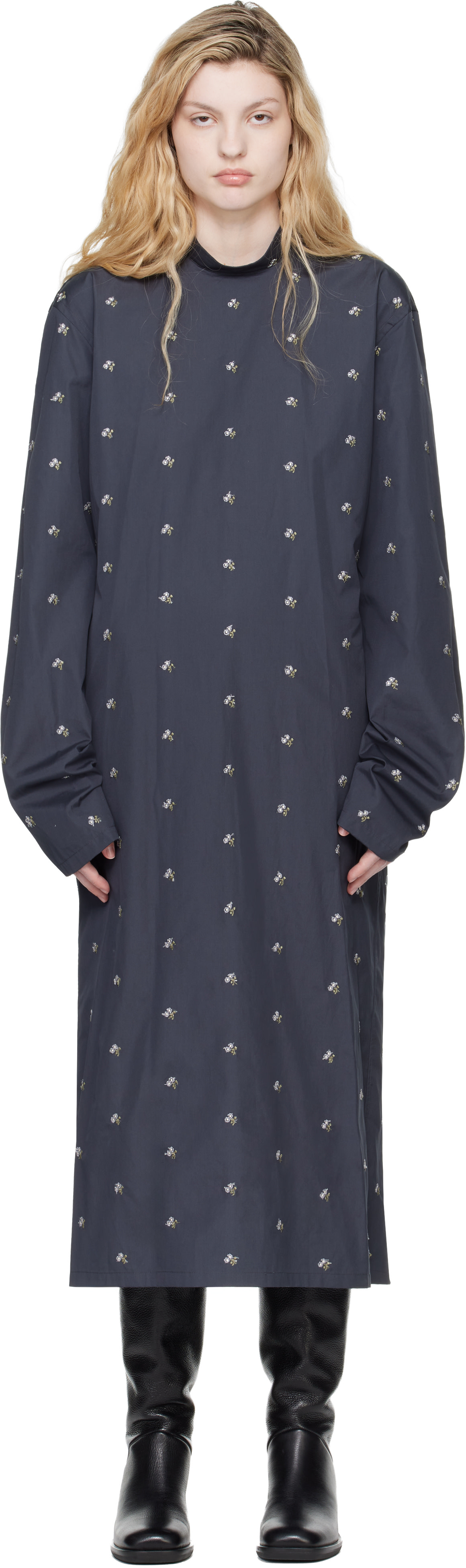 Rier - Robe midi grise à motif fleuri