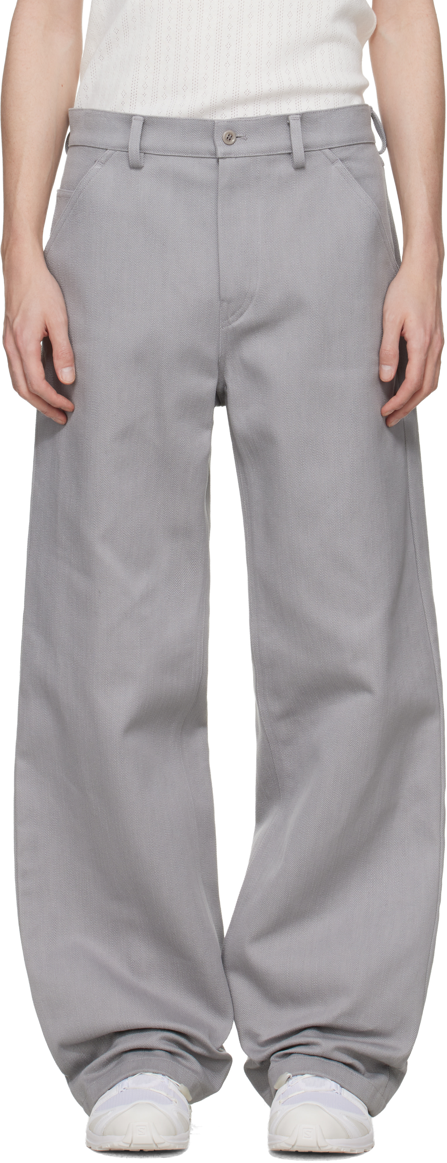 Rier: Gray Antique Gabardine Trousers | SSENSE