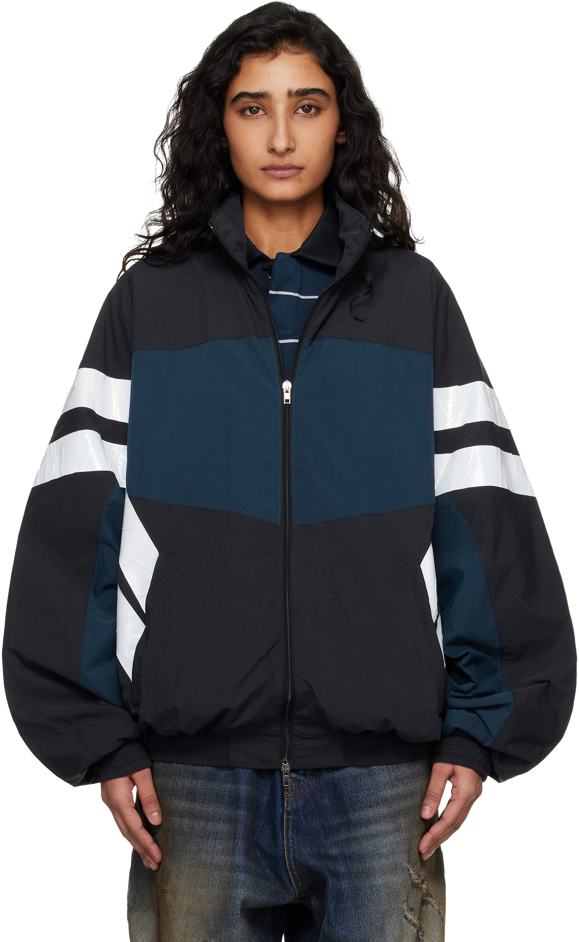 VETEMENTS: Black & Navy Taped Track Jacket | SSENSE