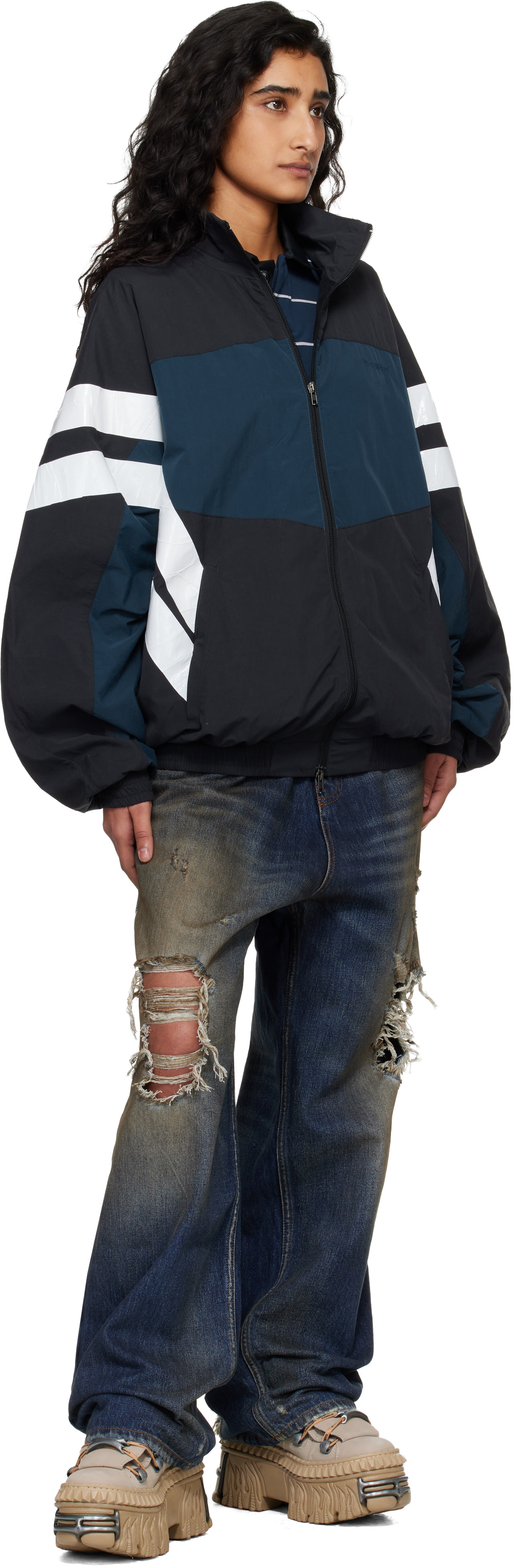 VETEMENTS: Black & Navy Taped Track Jacket | SSENSE