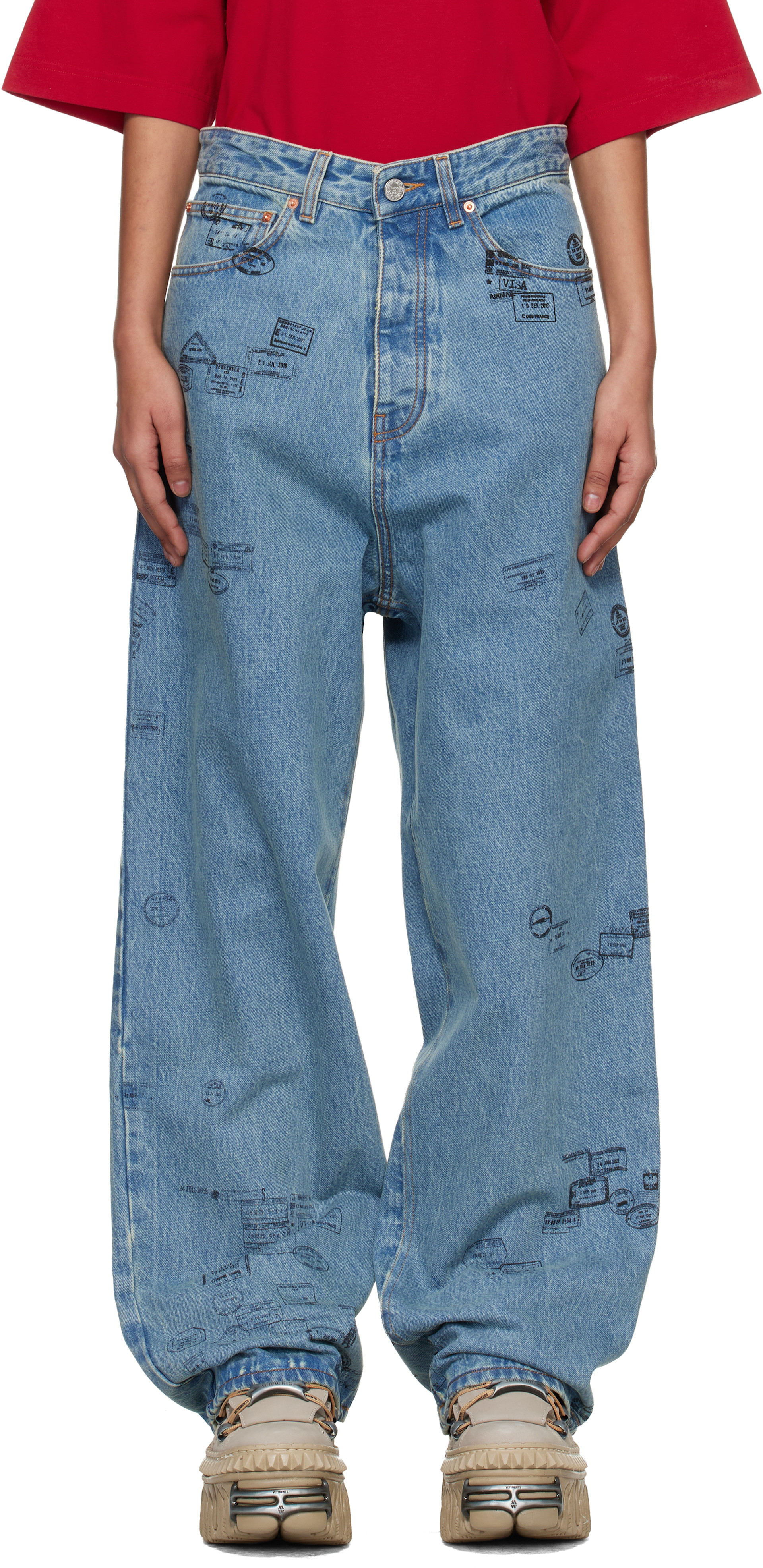 VETEMENTS: Blue Passport Stamps Jeans | SSENSE