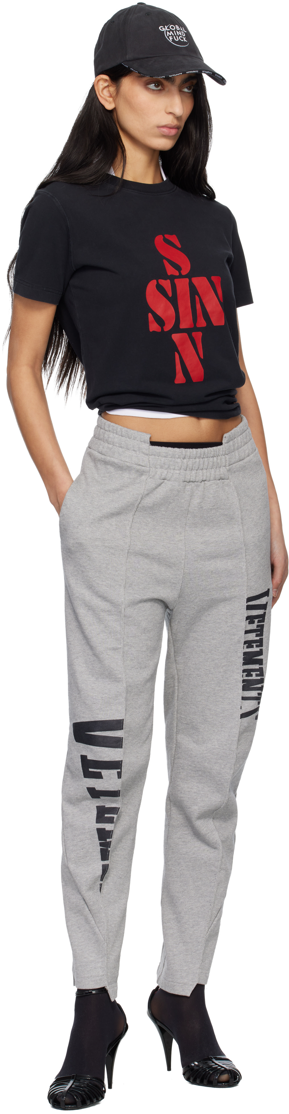 VETEMENTS: Gray Cut Up Logo Sweatpants | SSENSE