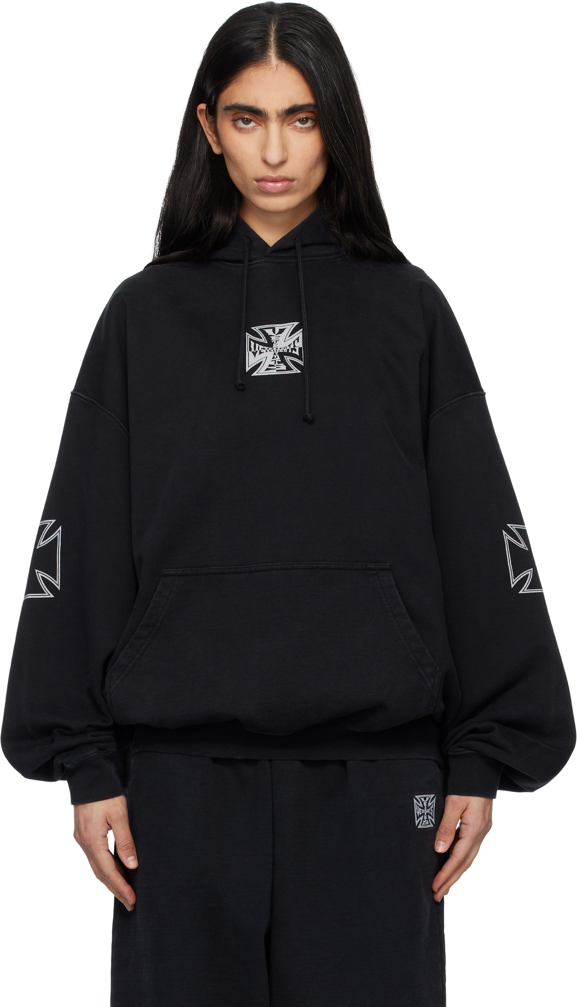 VETEMENTS: Black Triple Biker Cross Logo Hoodie | SSENSE