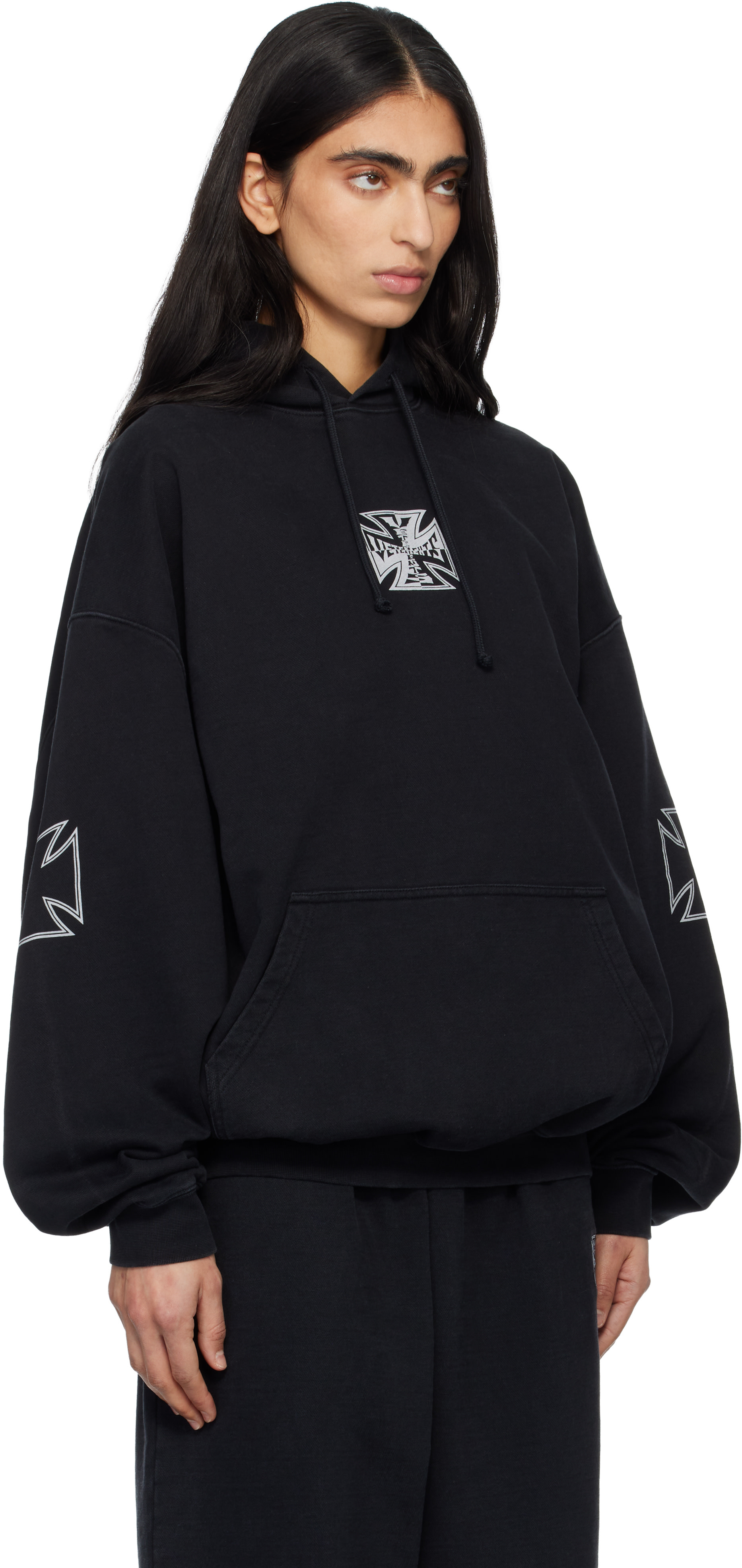 VETEMENTS: Black Triple Biker Cross Logo Hoodie | SSENSE