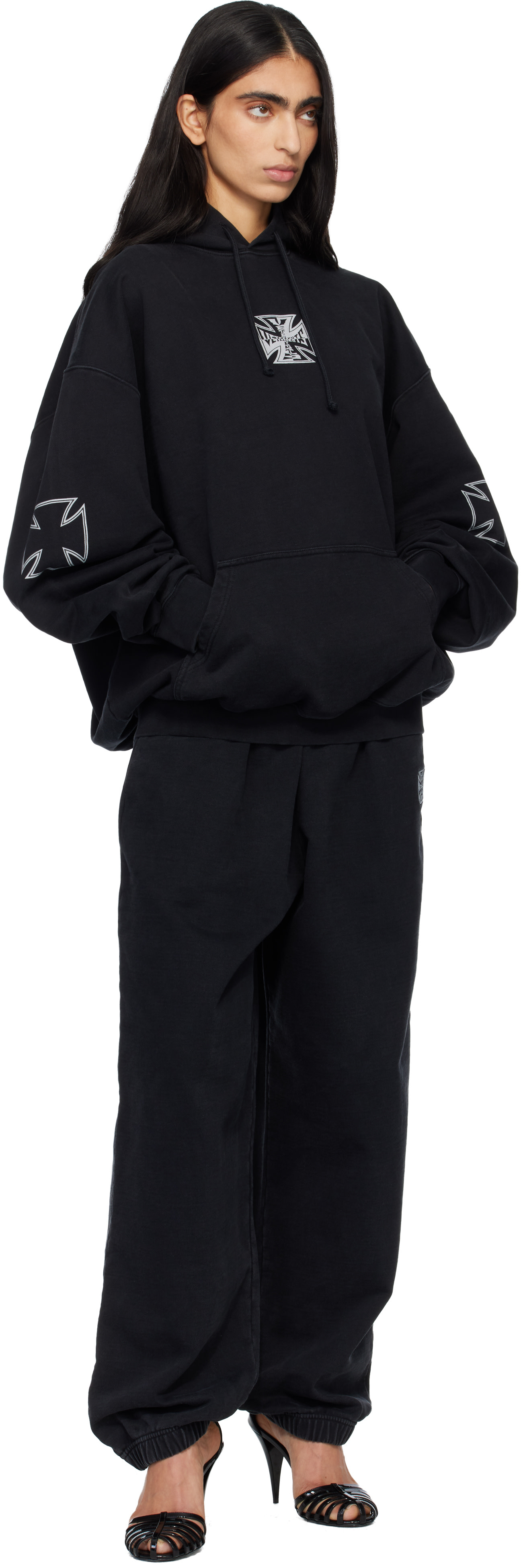 VETEMENTS: Black Triple Biker Cross Logo Hoodie | SSENSE