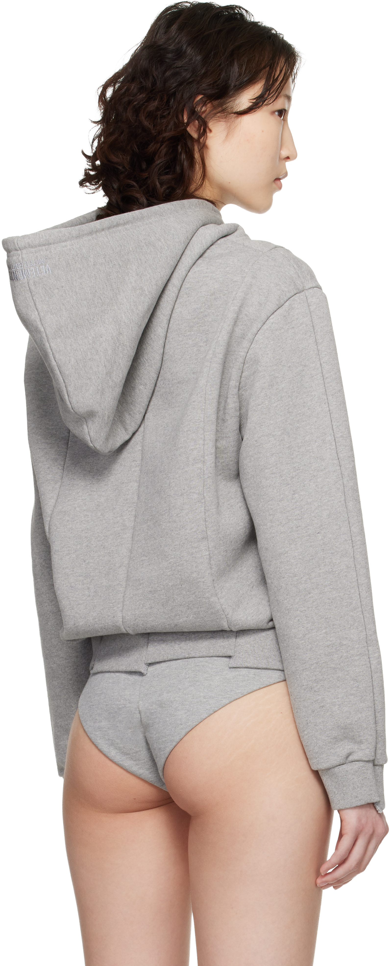 VETEMENTS: Gray Cut Up Logo Fitted Hoodie | SSENSE Canada