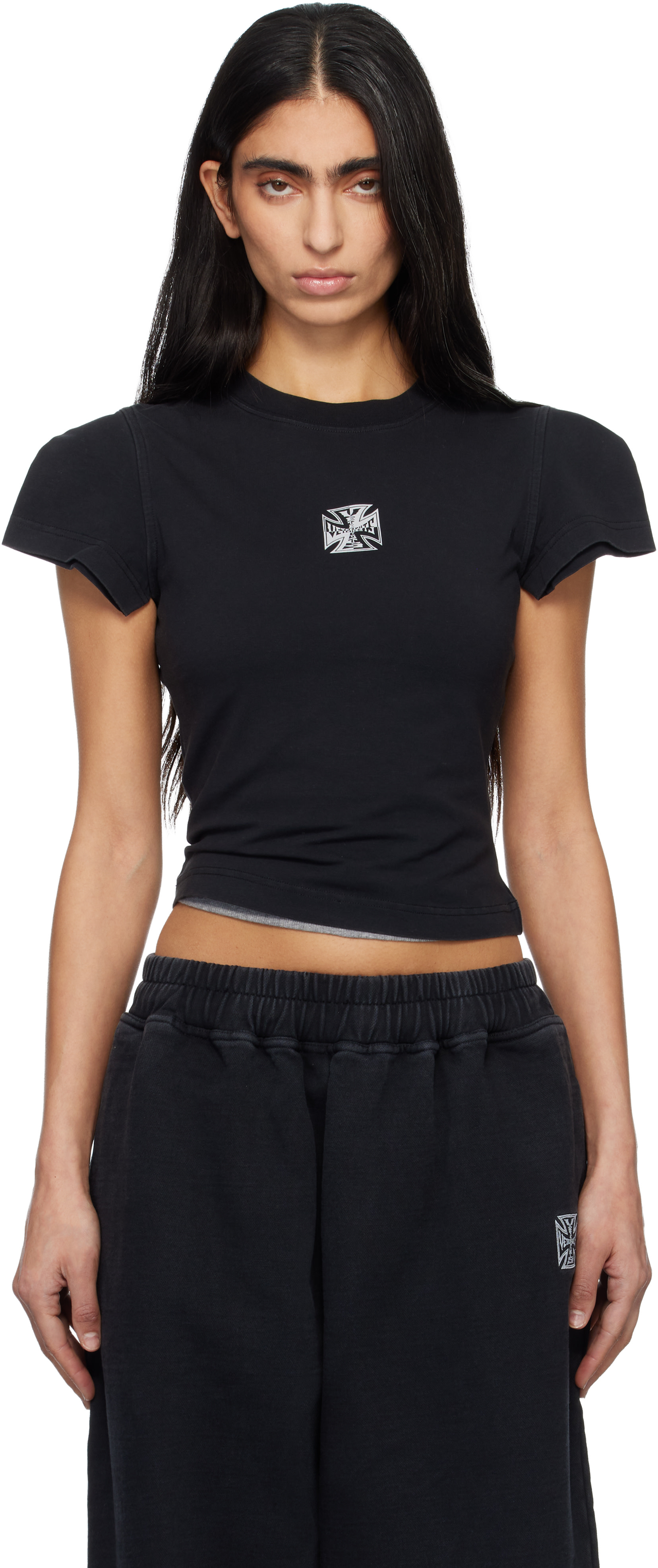 VETEMENTS: Black Biker Cross Logo Front Sleeve T-shirt | SSENSE