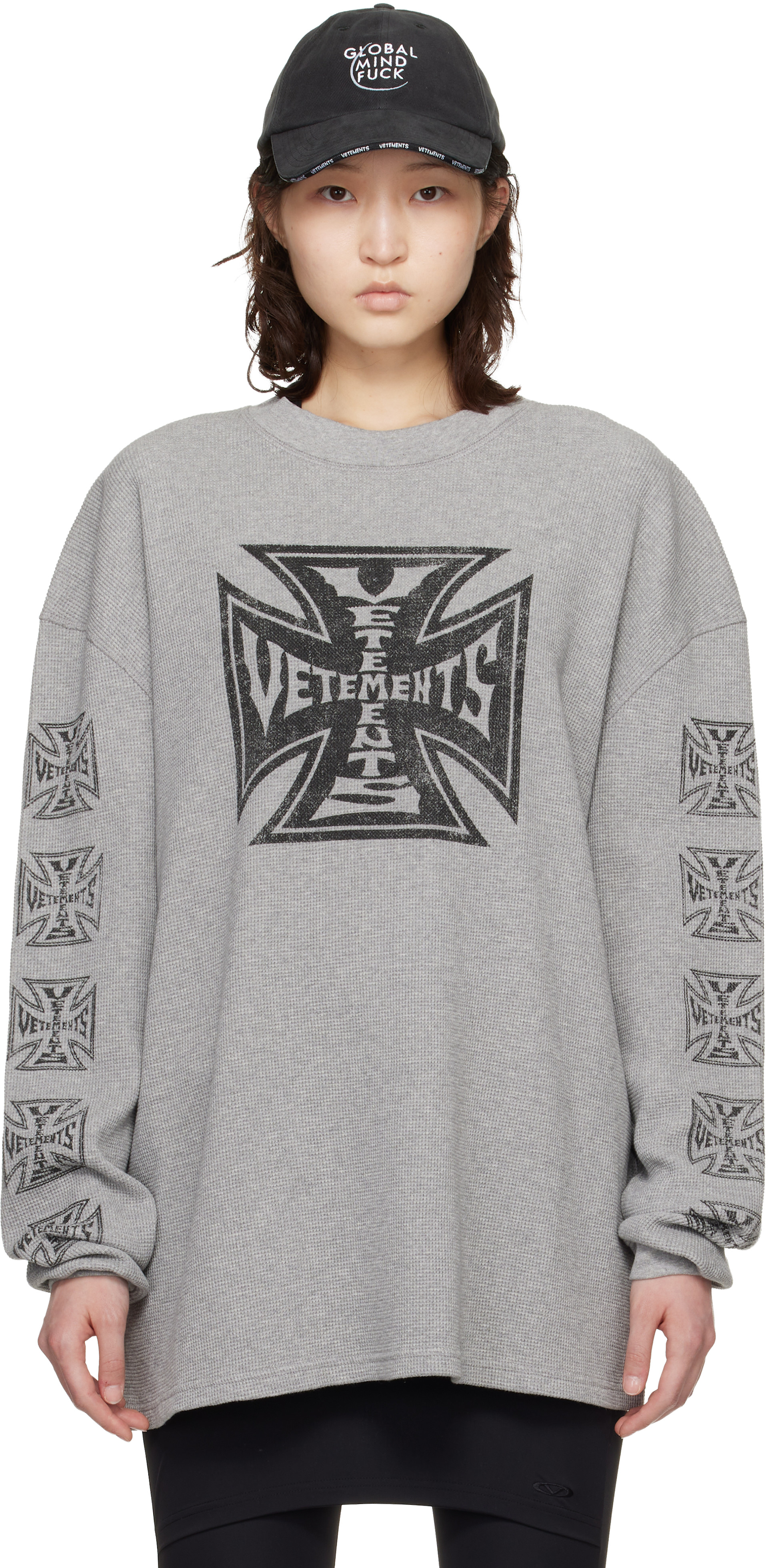 Vetements ロンT VETEMENTS: Gray Biker Cross Waffle Longsleeve T-shirt | SSENSE