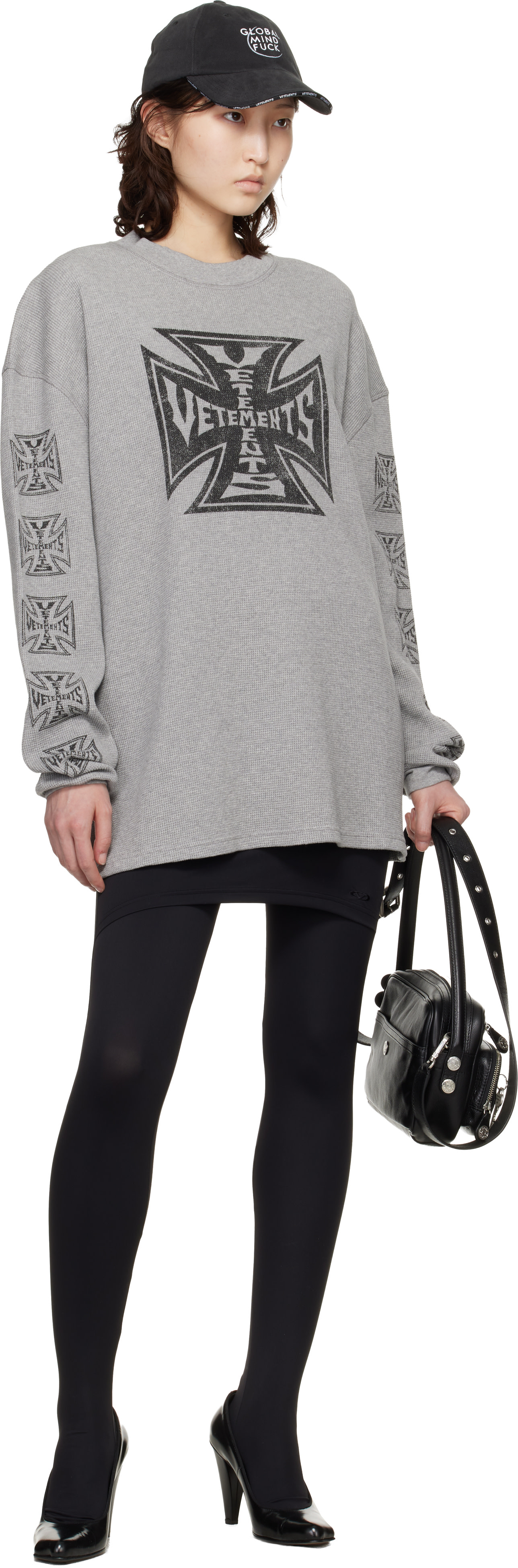 VETEMENTS: Gray Biker Cross Waffle Longsleeve T-shirt | SSENSE