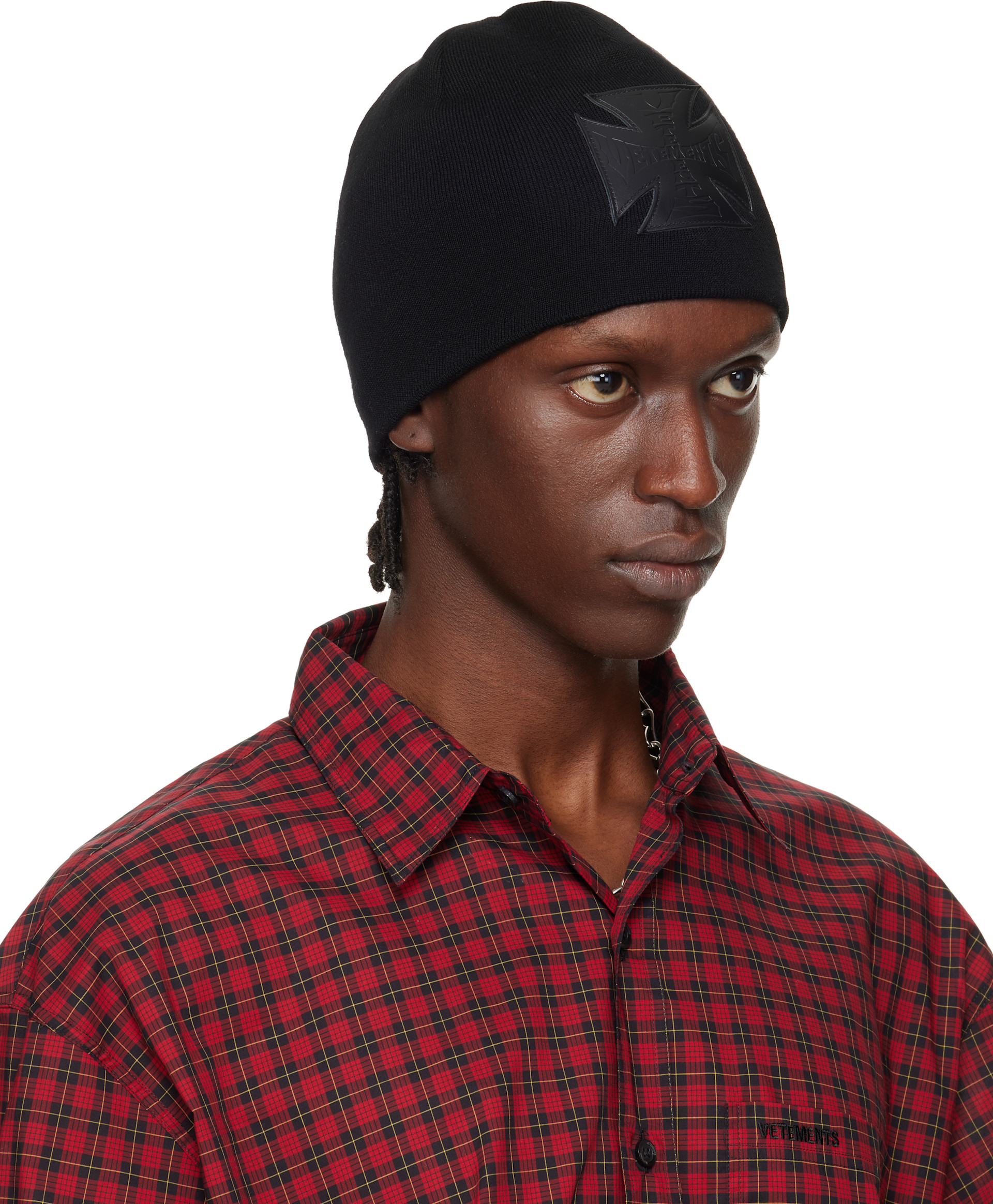 VETEMENTS: Black Leather Biker Cross Logo Beanie | SSENSE