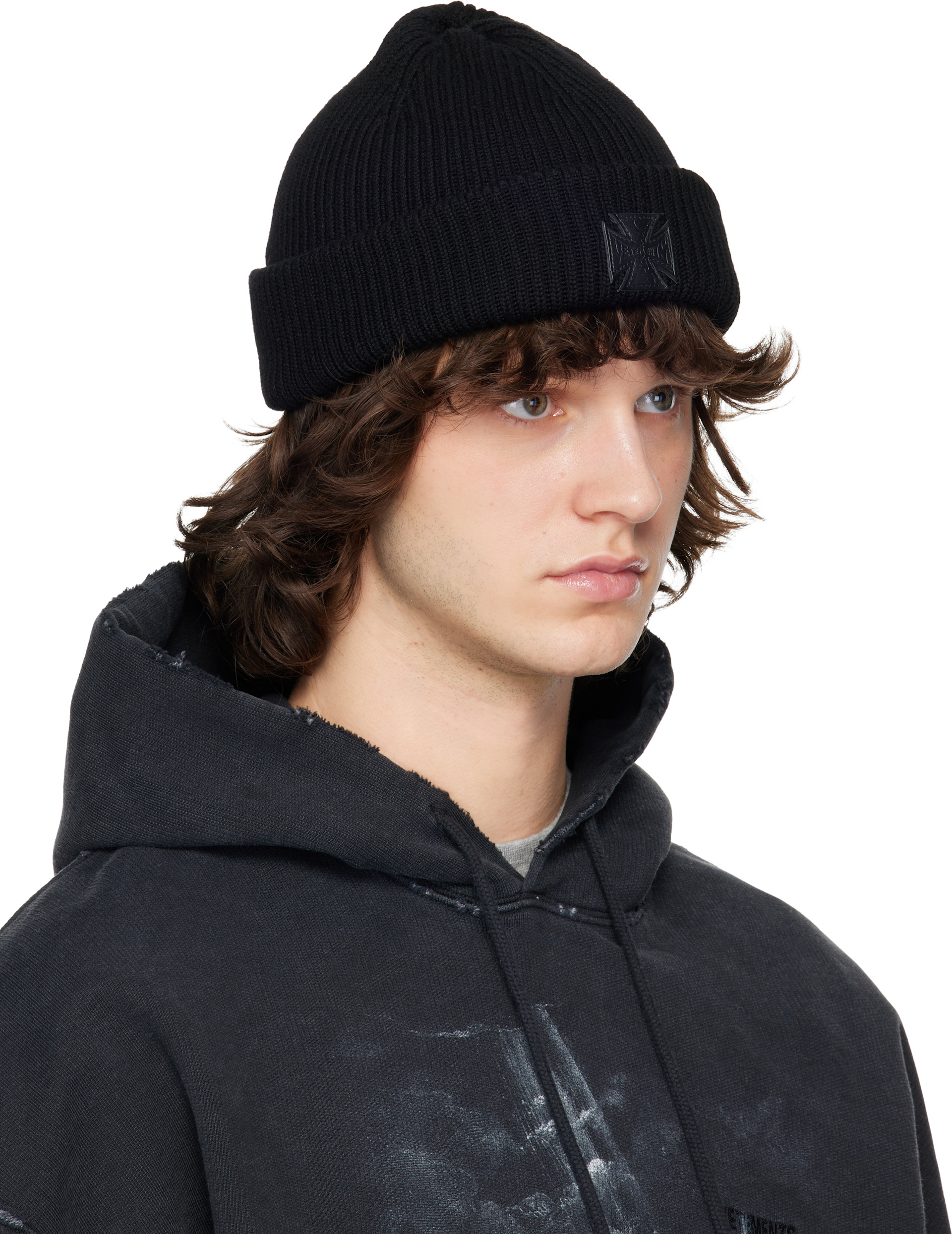VETEMENTS: Black Leather Biker Cross Label Beanie | SSENSE