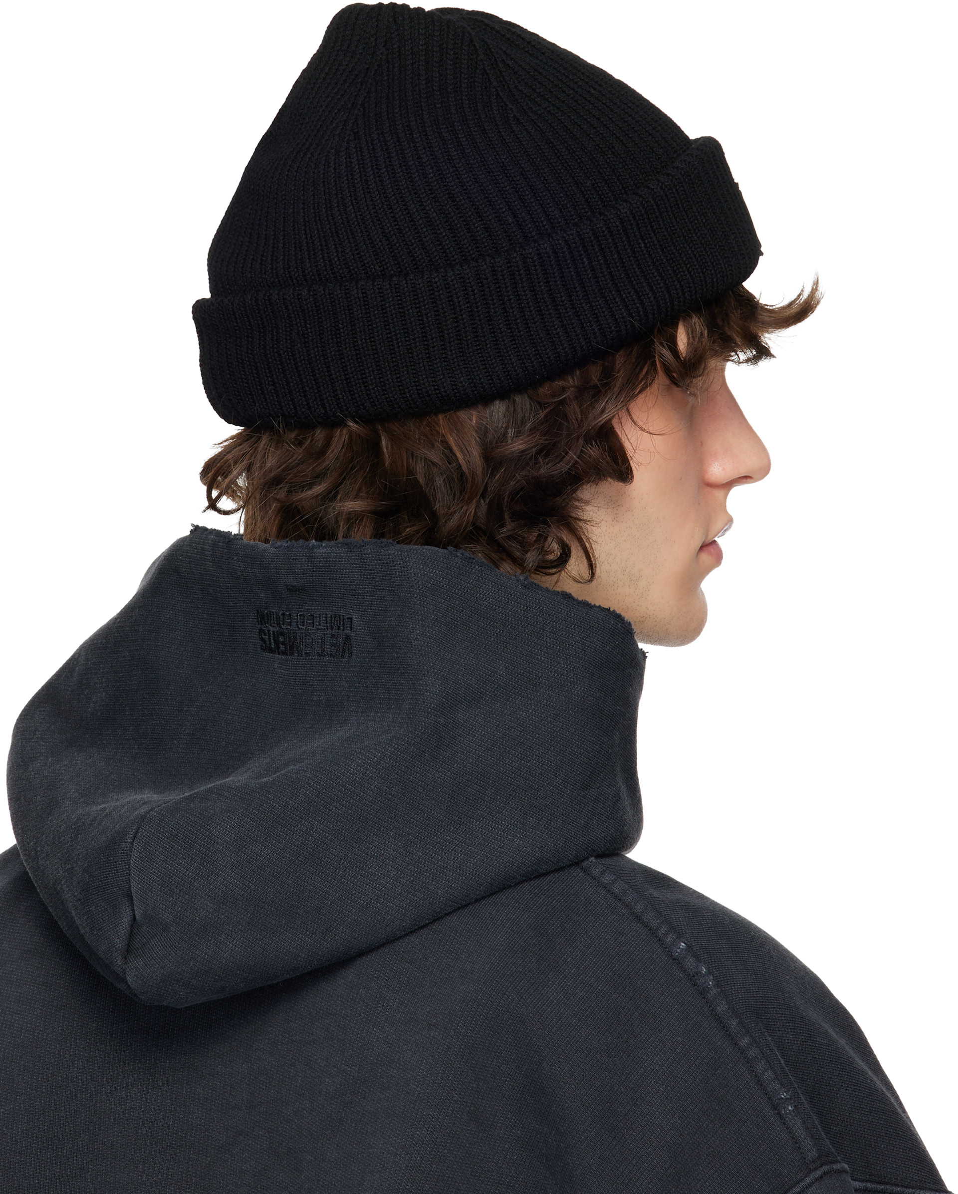 VETEMENTS: Black Leather Biker Cross Label Beanie | SSENSE