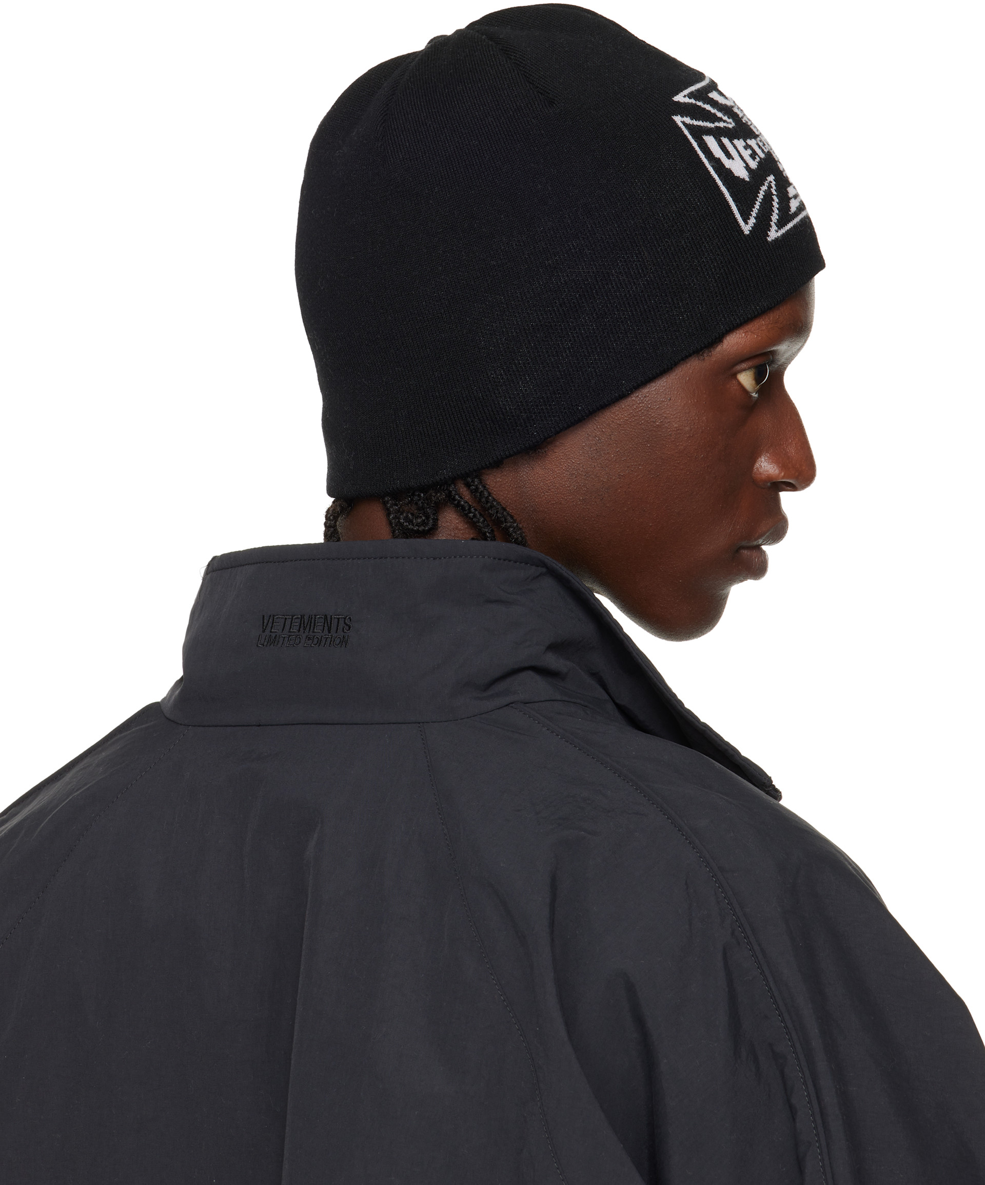 VETEMENTS: Black Biker Cross Logo Beanie | SSENSE