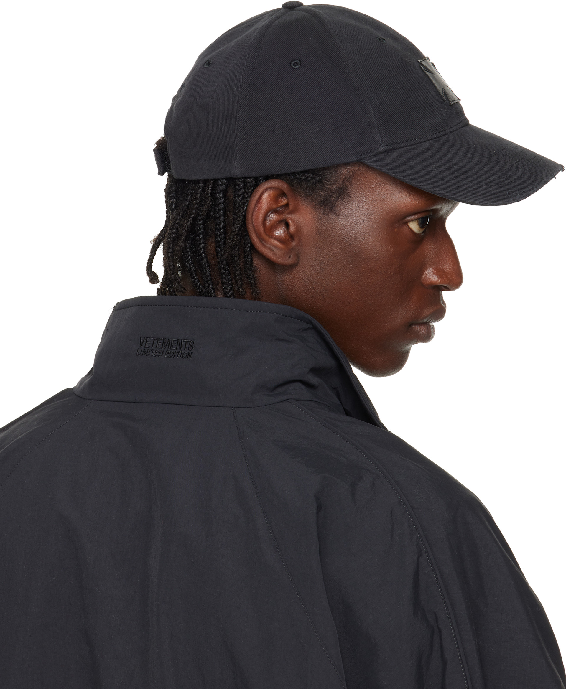 VETEMENTS: Black Leather Biker Cross Cap | SSENSE Canada
