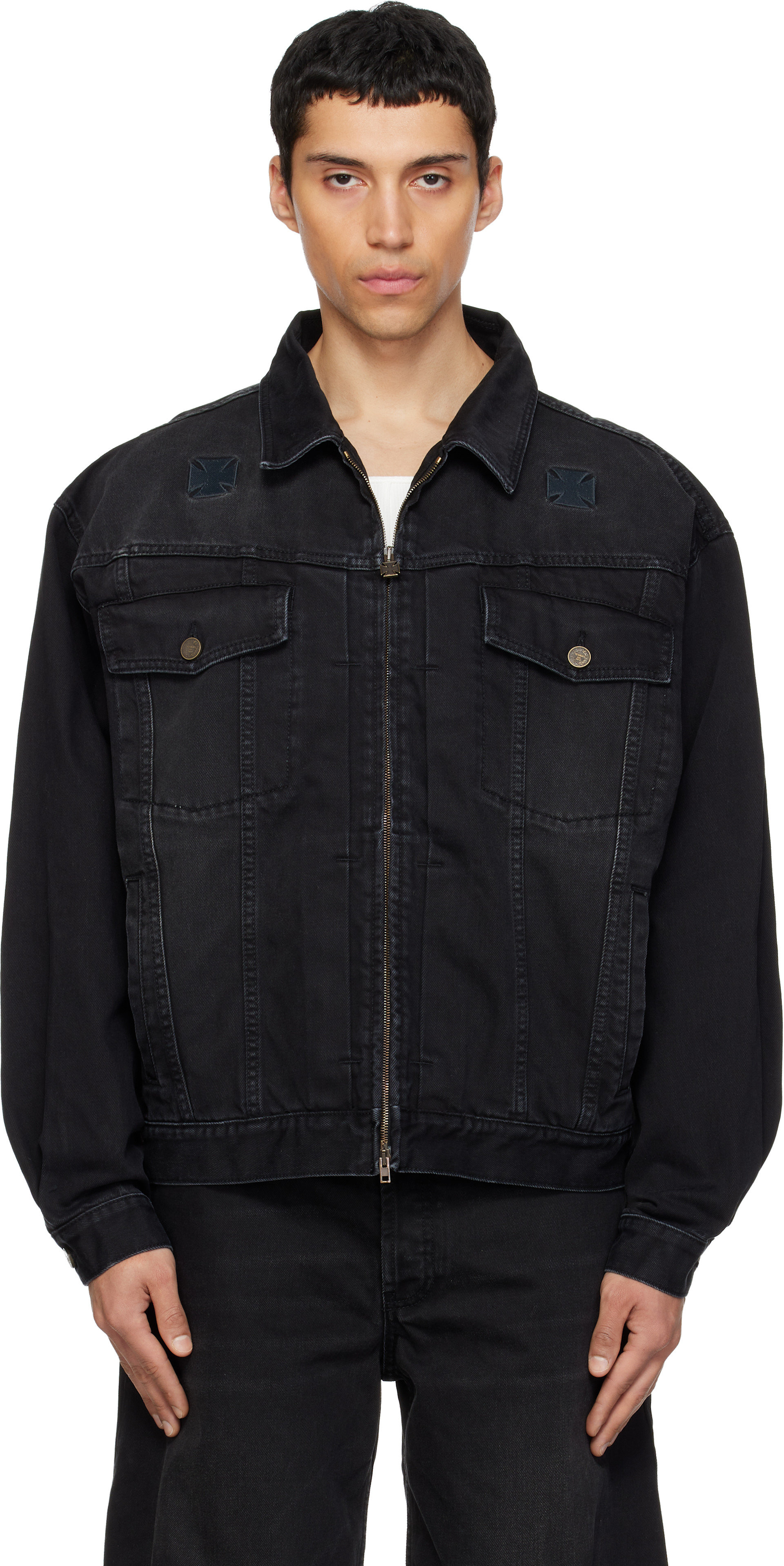 VETEMENTS: Black Appliqué Biker Crosses Zip Denim Jacket | SSENSE