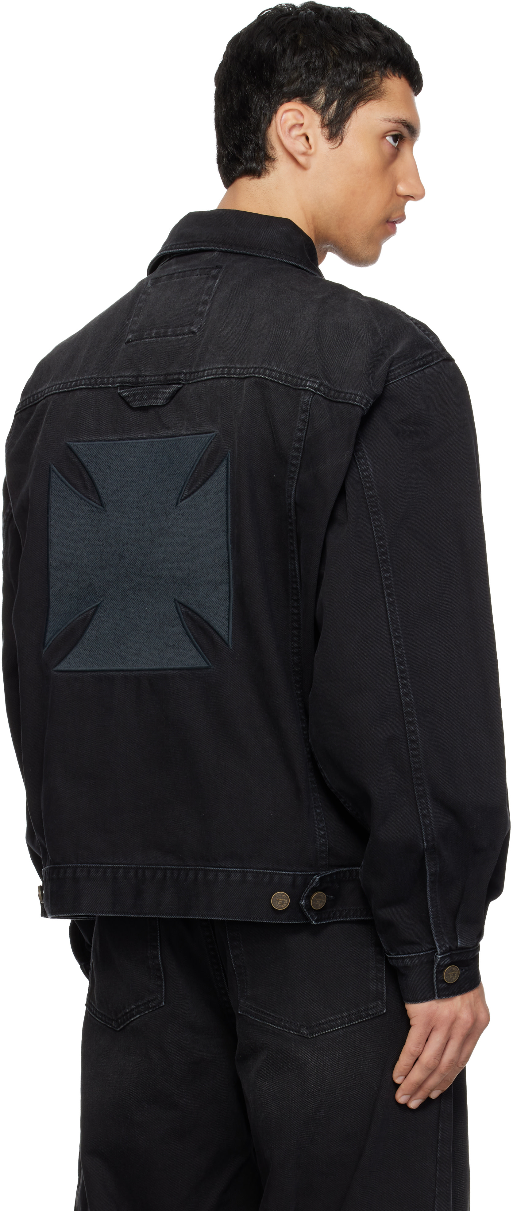 VETEMENTS: Black Appliqué Biker Crosses Zip Denim Jacket | SSENSE
