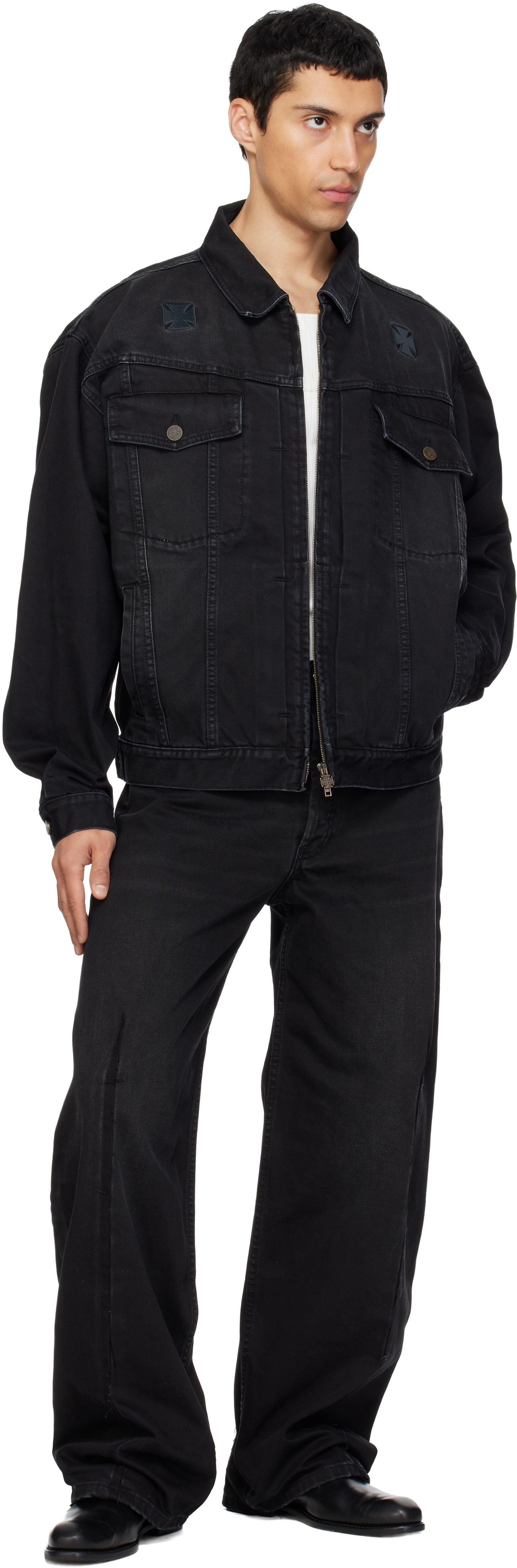 VETEMENTS: Black Appliqué Biker Crosses Zip Denim Jacket | SSENSE