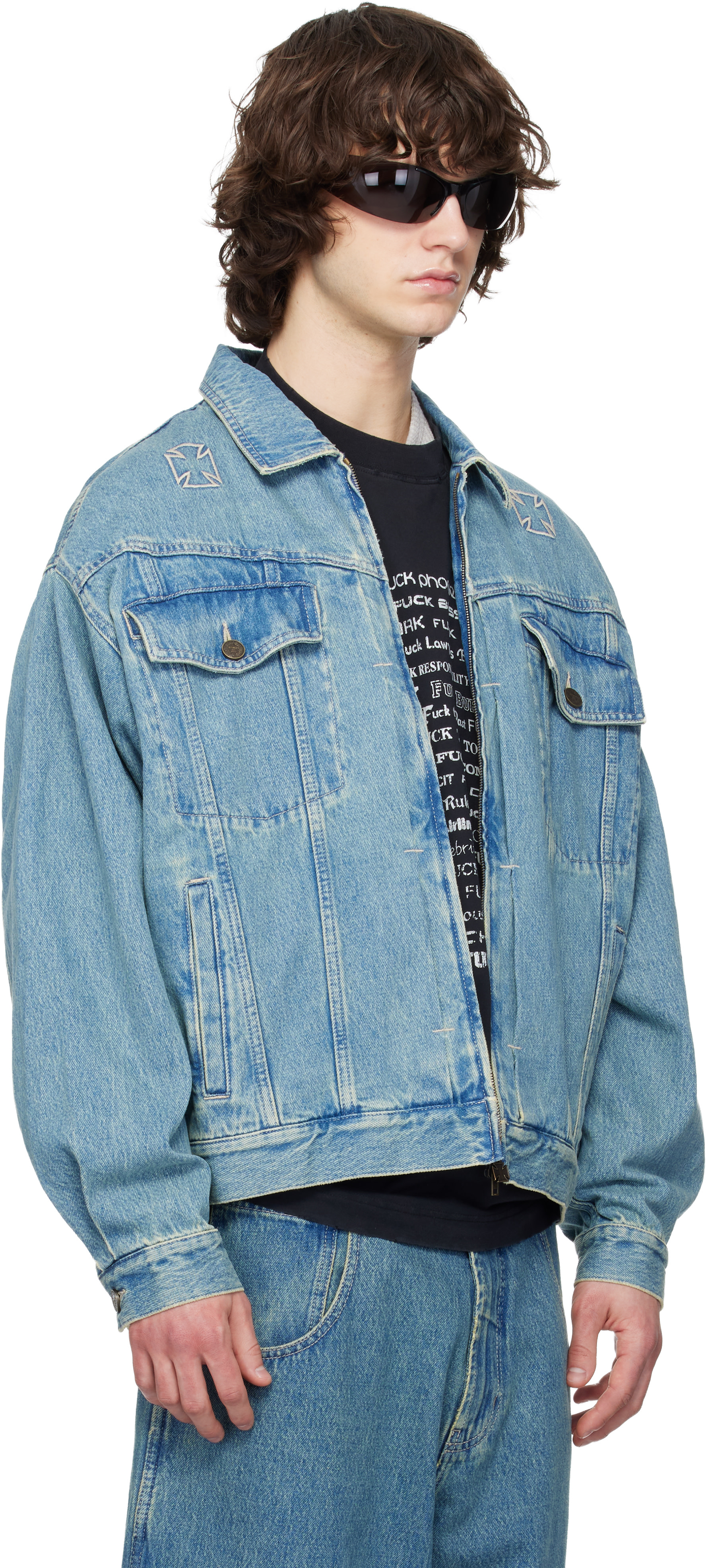 VETEMENTS - 블루 바이커 크로스 데님 재킷