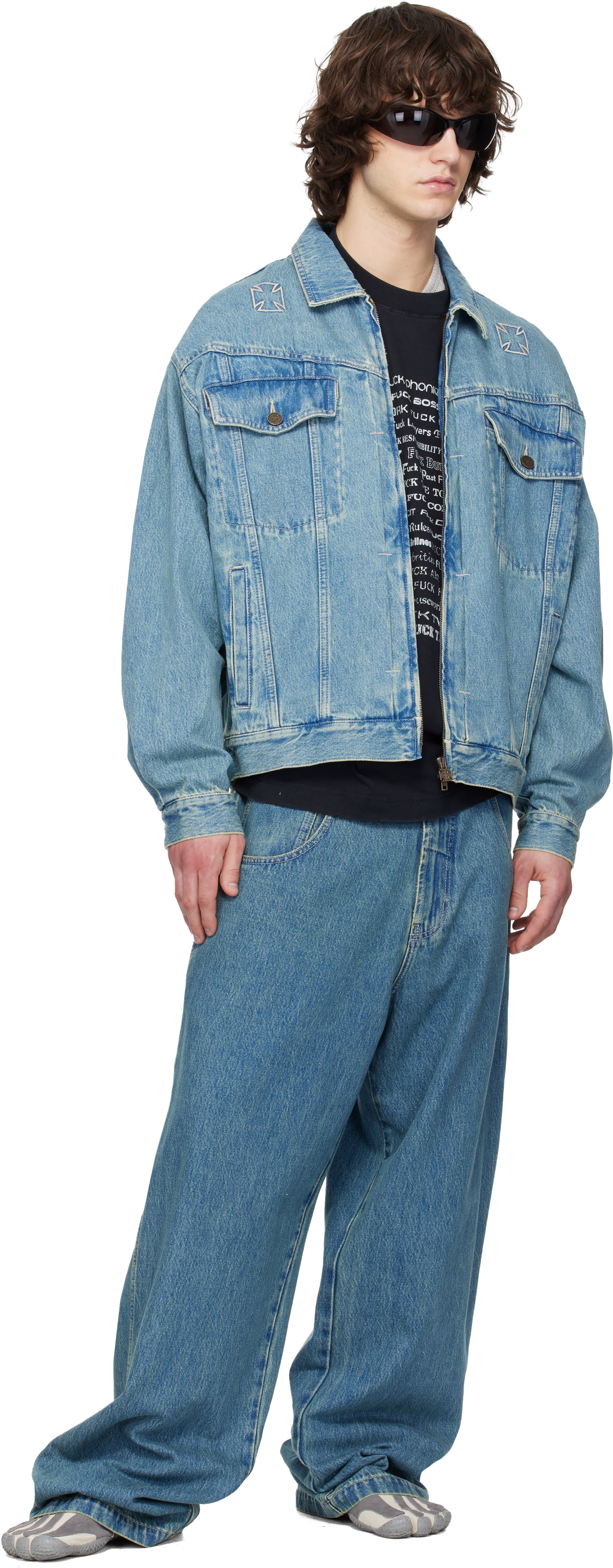 VETEMENTS - 블루 바이커 크로스 데님 재킷