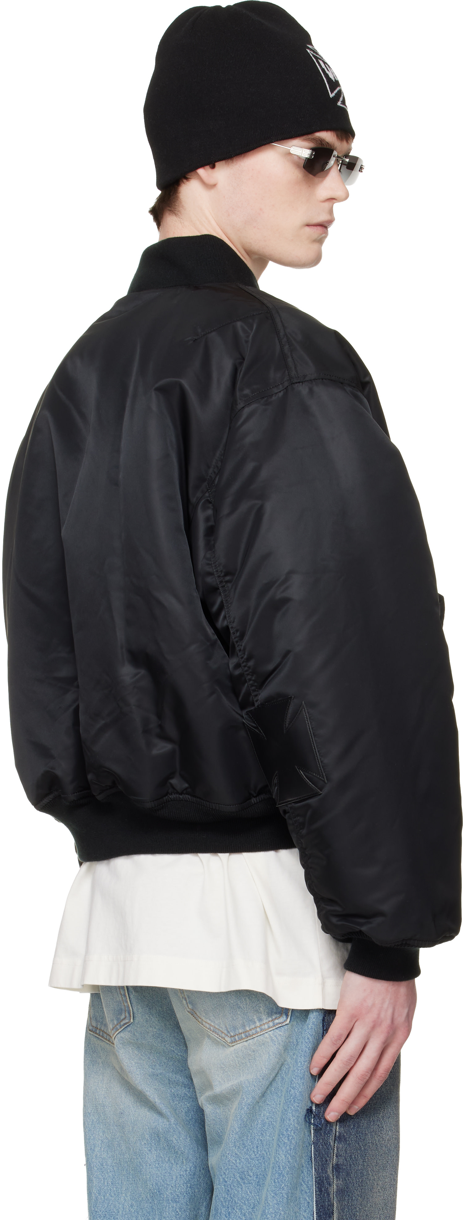 VETEMENTS - 블랙 가죽 크로스 보머 재킷