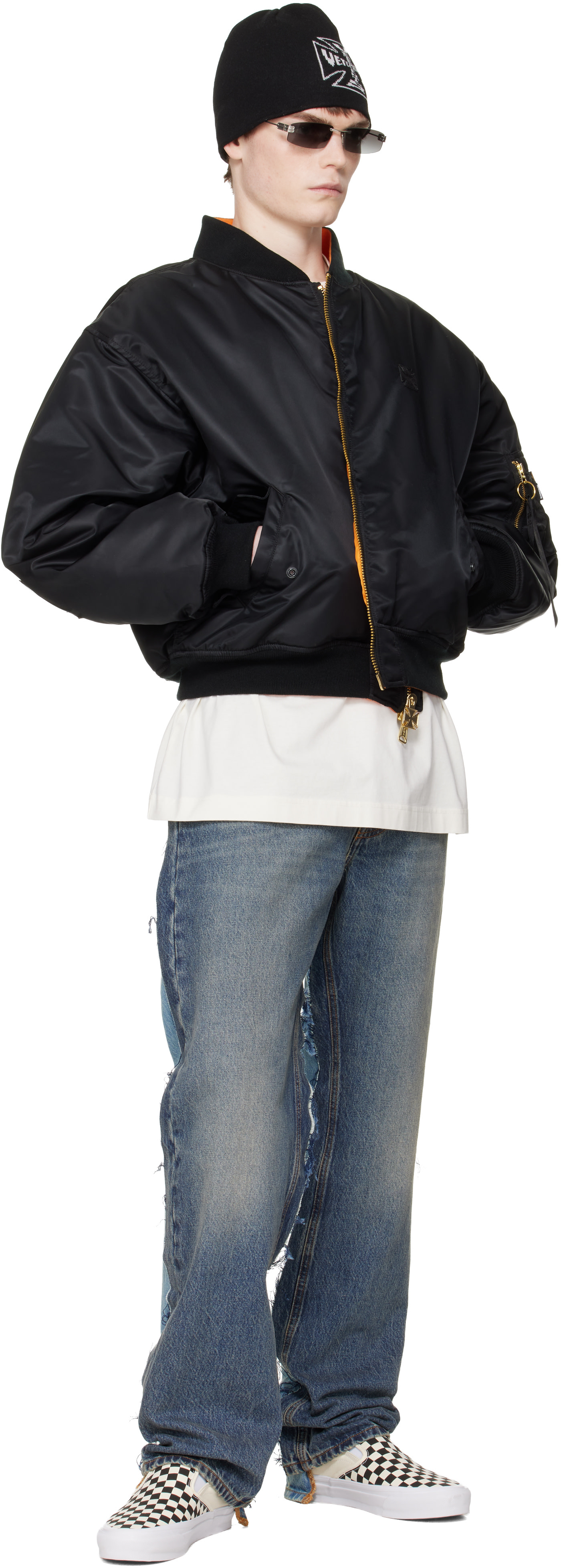 VETEMENTS - 블랙 가죽 크로스 보머 재킷