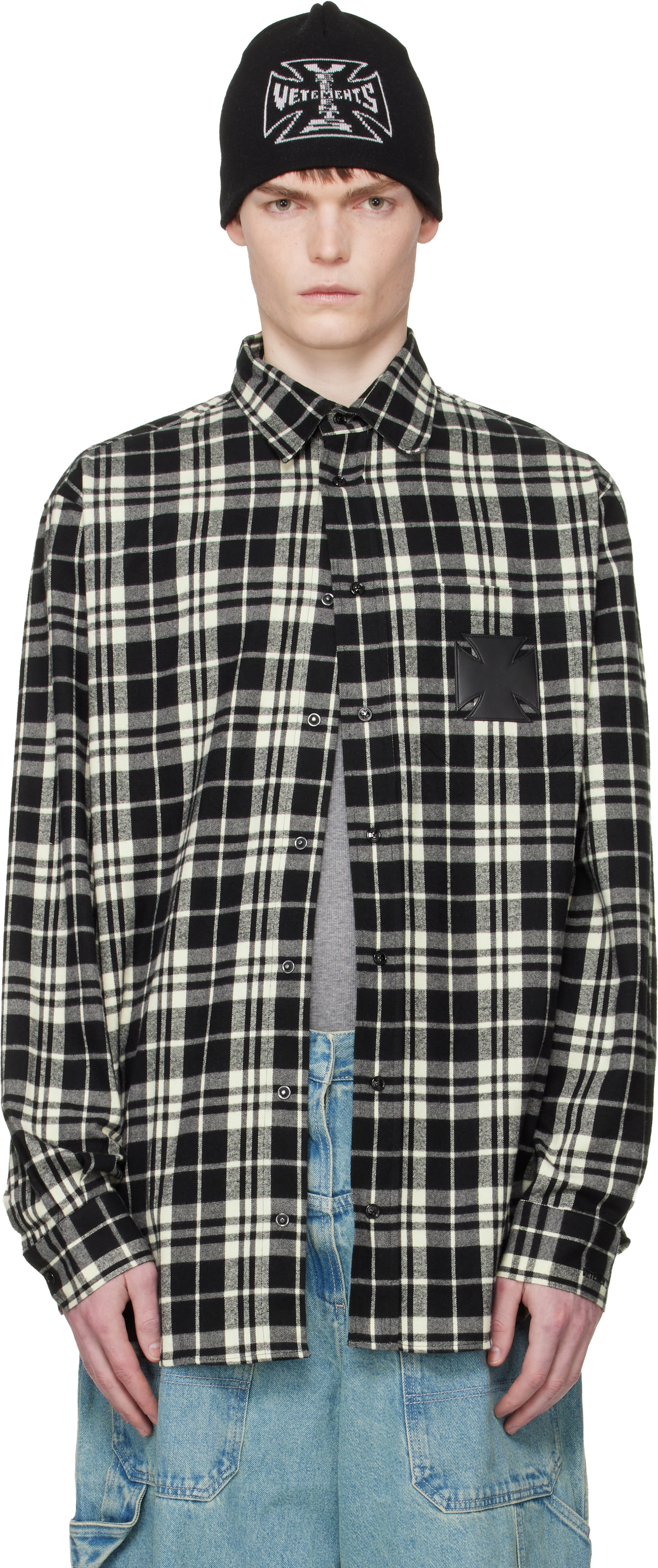 VETEMENTS: ブラック＆ホワイト Leather Cross フランネルシャツ
