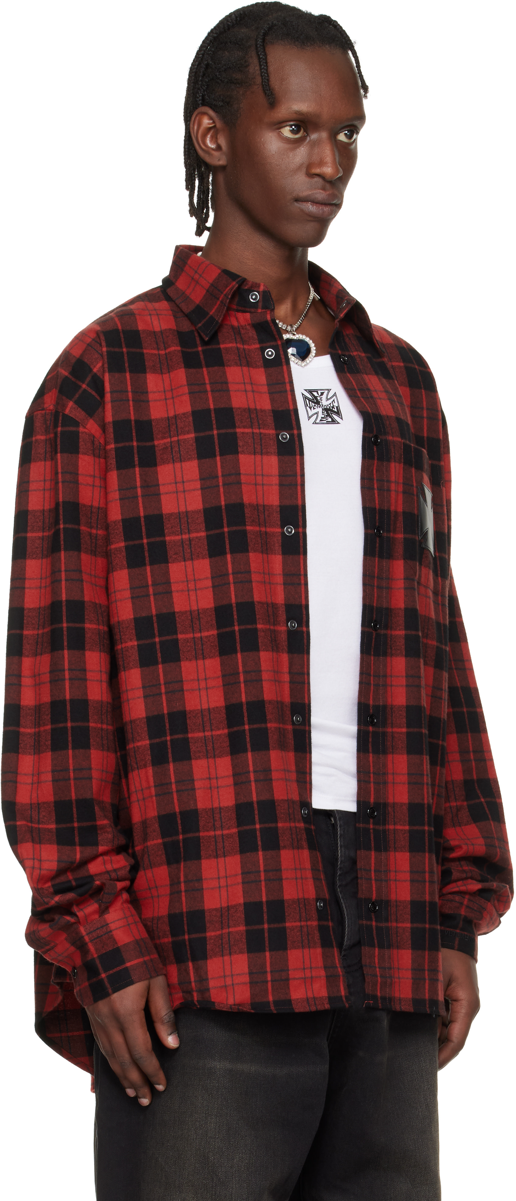 VETEMENTS: レッド レザー クロス フランネルシャツ | SSENSE 日本