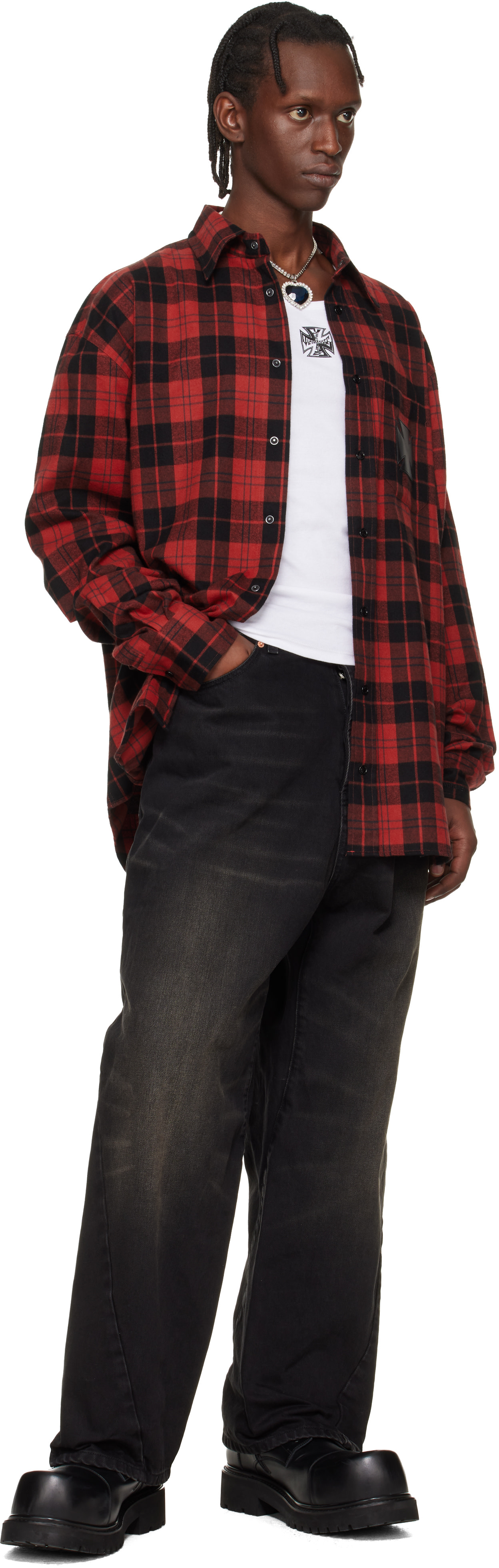 VETEMENTS: Red Leather Cross Flannel Shirt | SSENSE Singapore