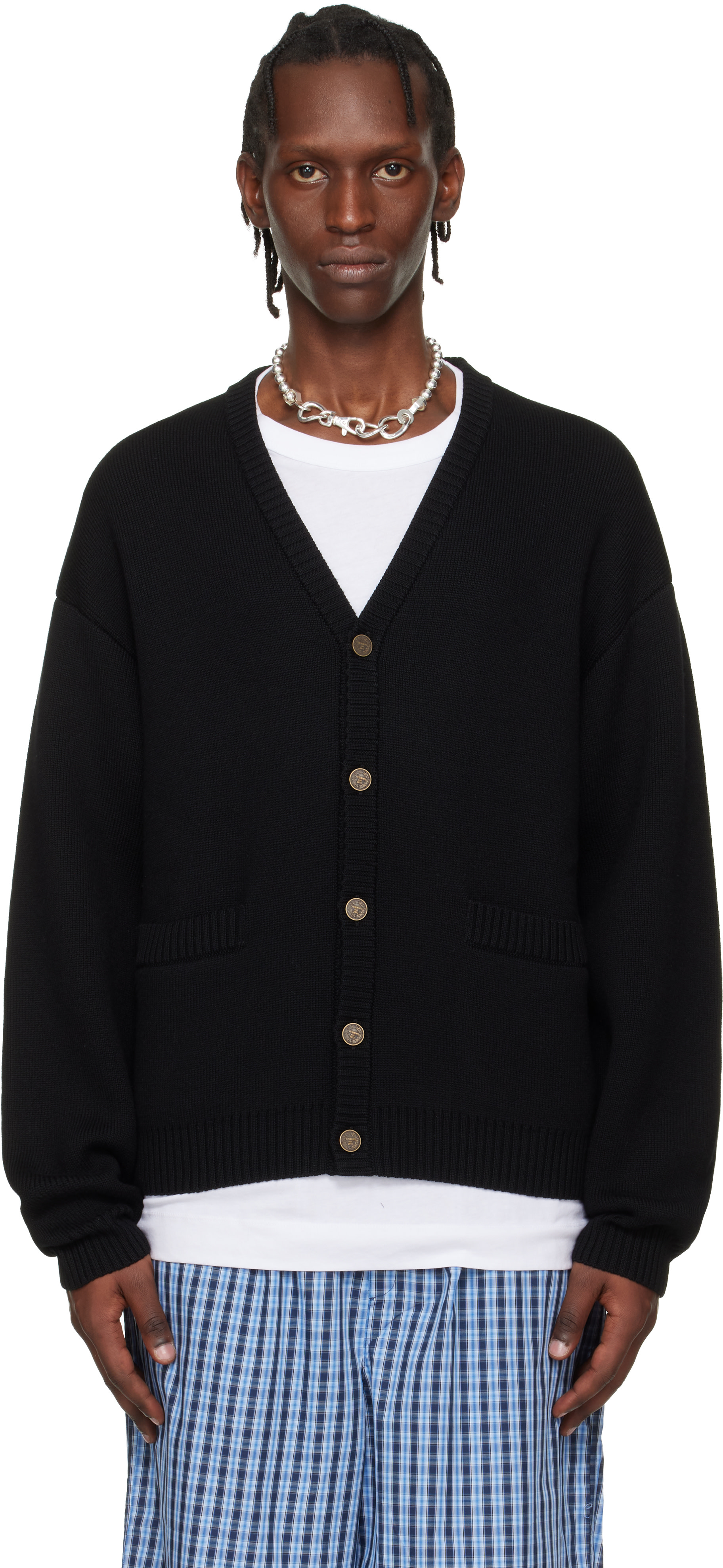 VETEMENTS: Black Leather Crosses Cardigan | SSENSE