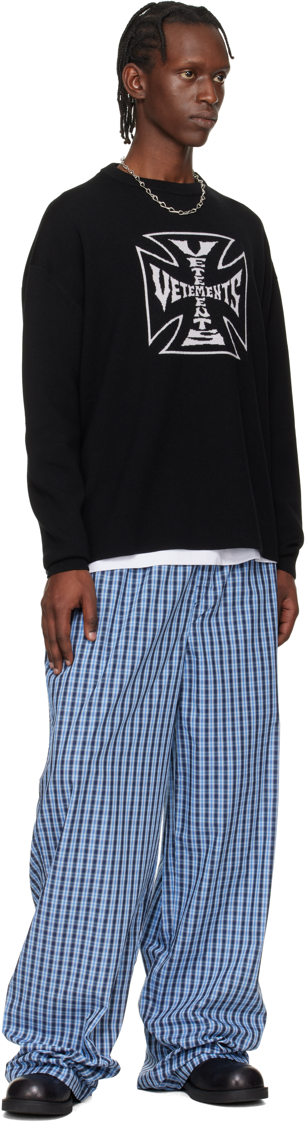 VETEMENTS: Black Double Biker Cross Logo Sweater | SSENSE Canada