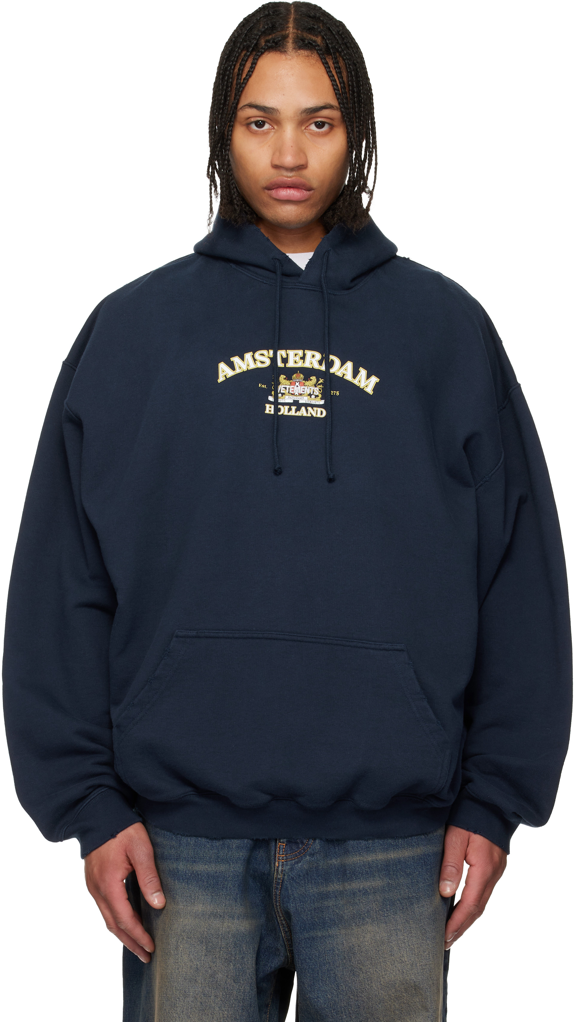 VETEMENTS: Navy Holland Tourist Hoodie | SSENSE