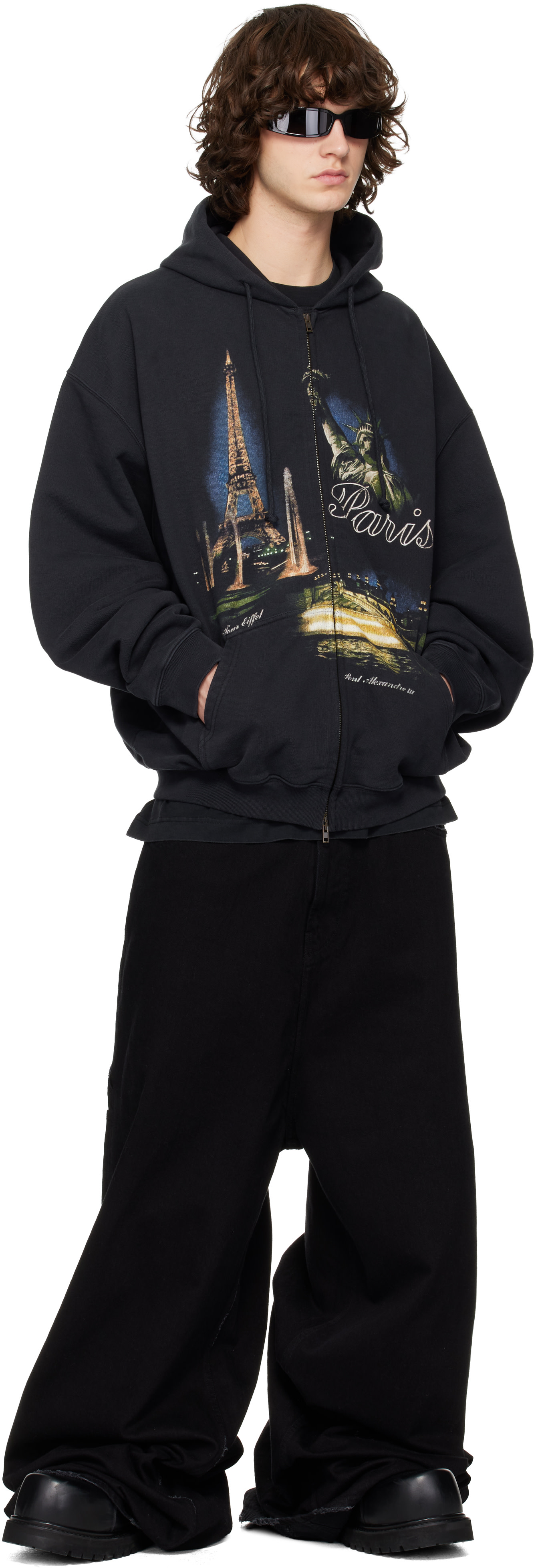 VETEMENTS: Black 'Paris' Tourist Zip-Up Hoodie | SSENSE