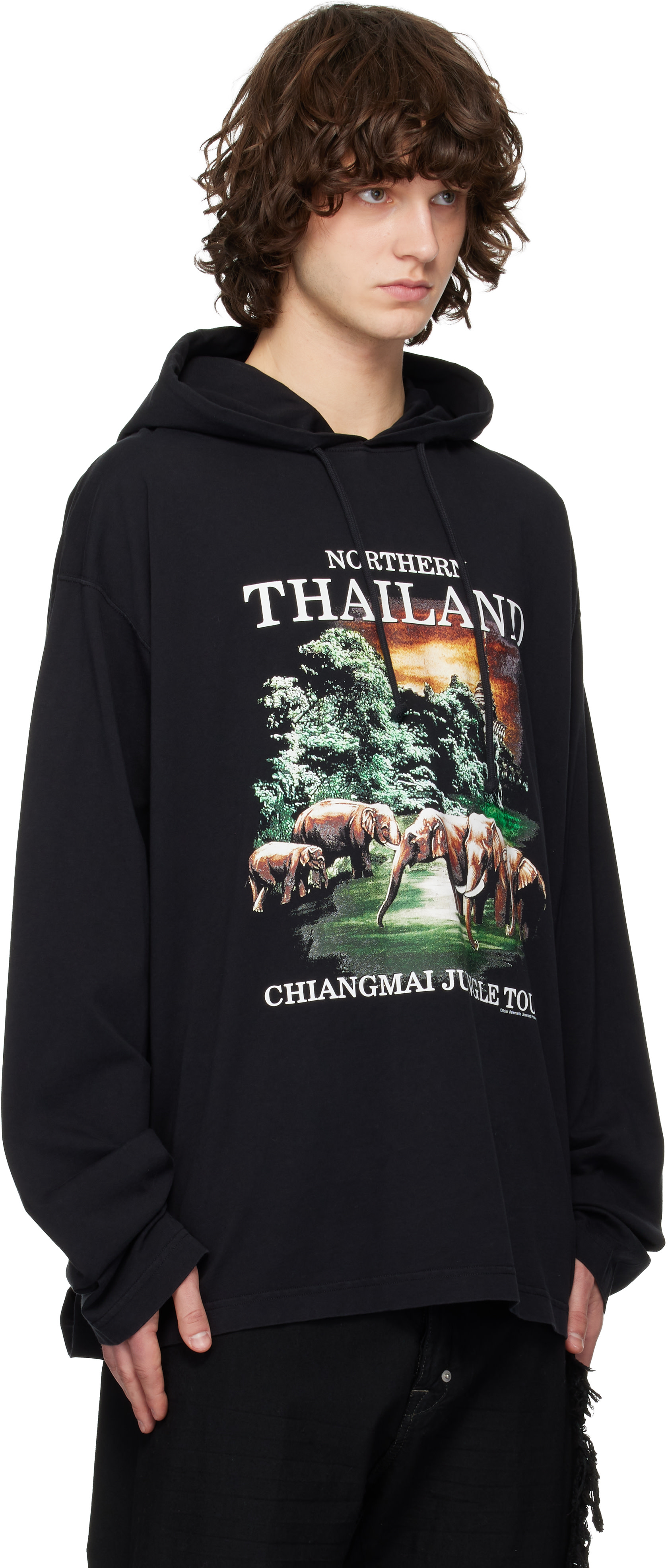 VETEMENTS: Black 'Thailand' Tourist Light Hoodie | SSENSE