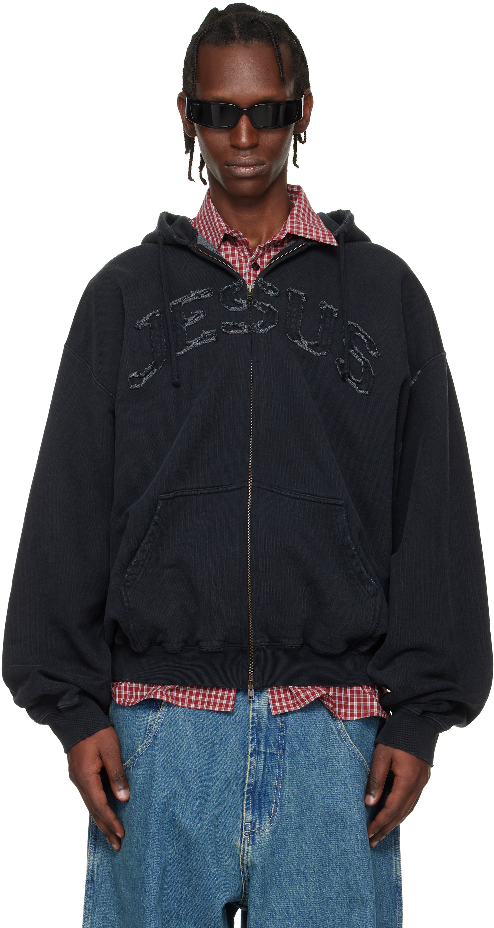 VETEMENTS: Black 'Jesus Christ' Zip-Up Hoodie | SSENSE Canada