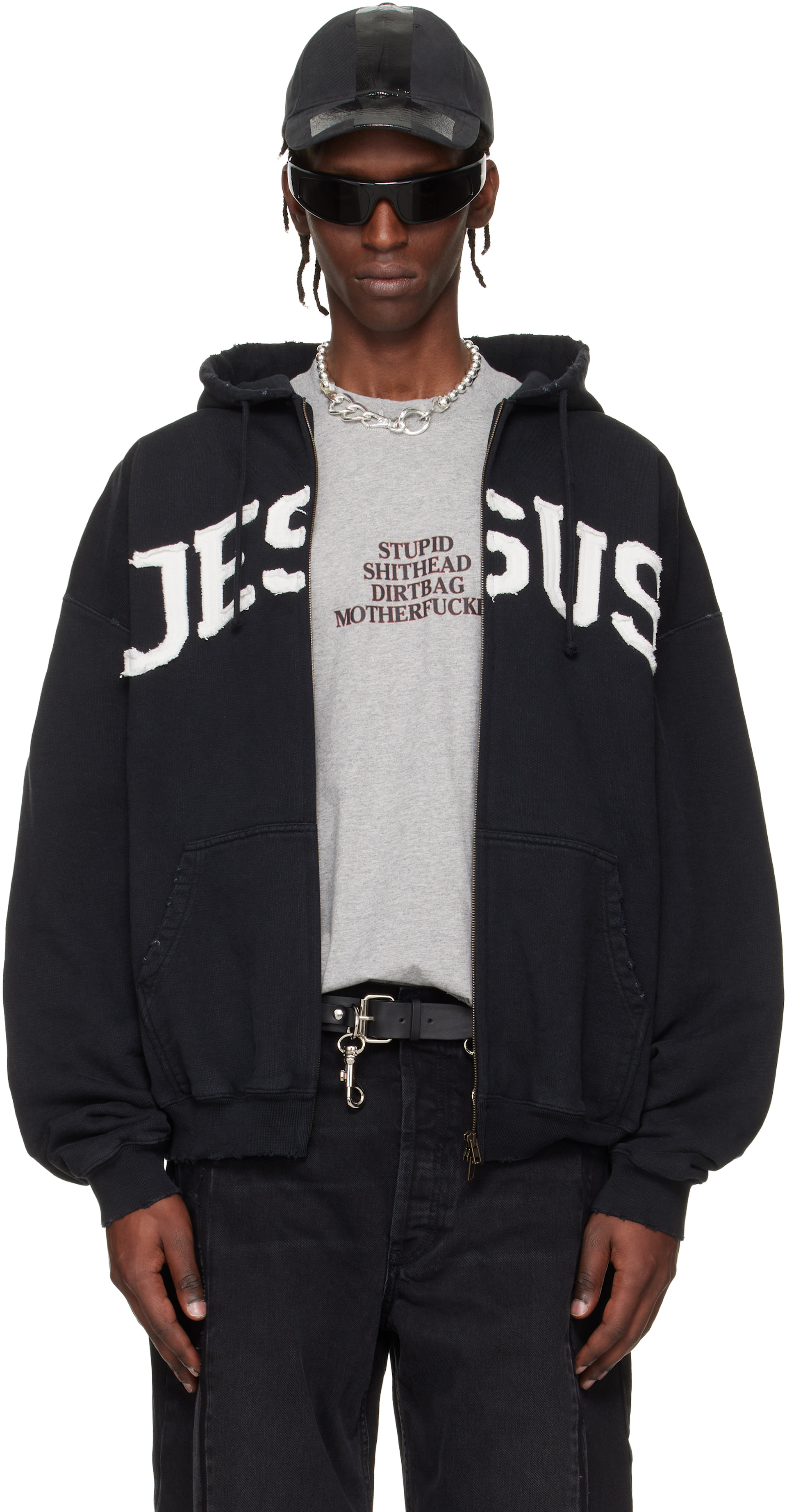 VETEMENTS　ジーザスロゴジップアップパーカー VETEMENTS: ブラック 'Jesus Christ' ジップアップフーディ | SSENSE 日本
