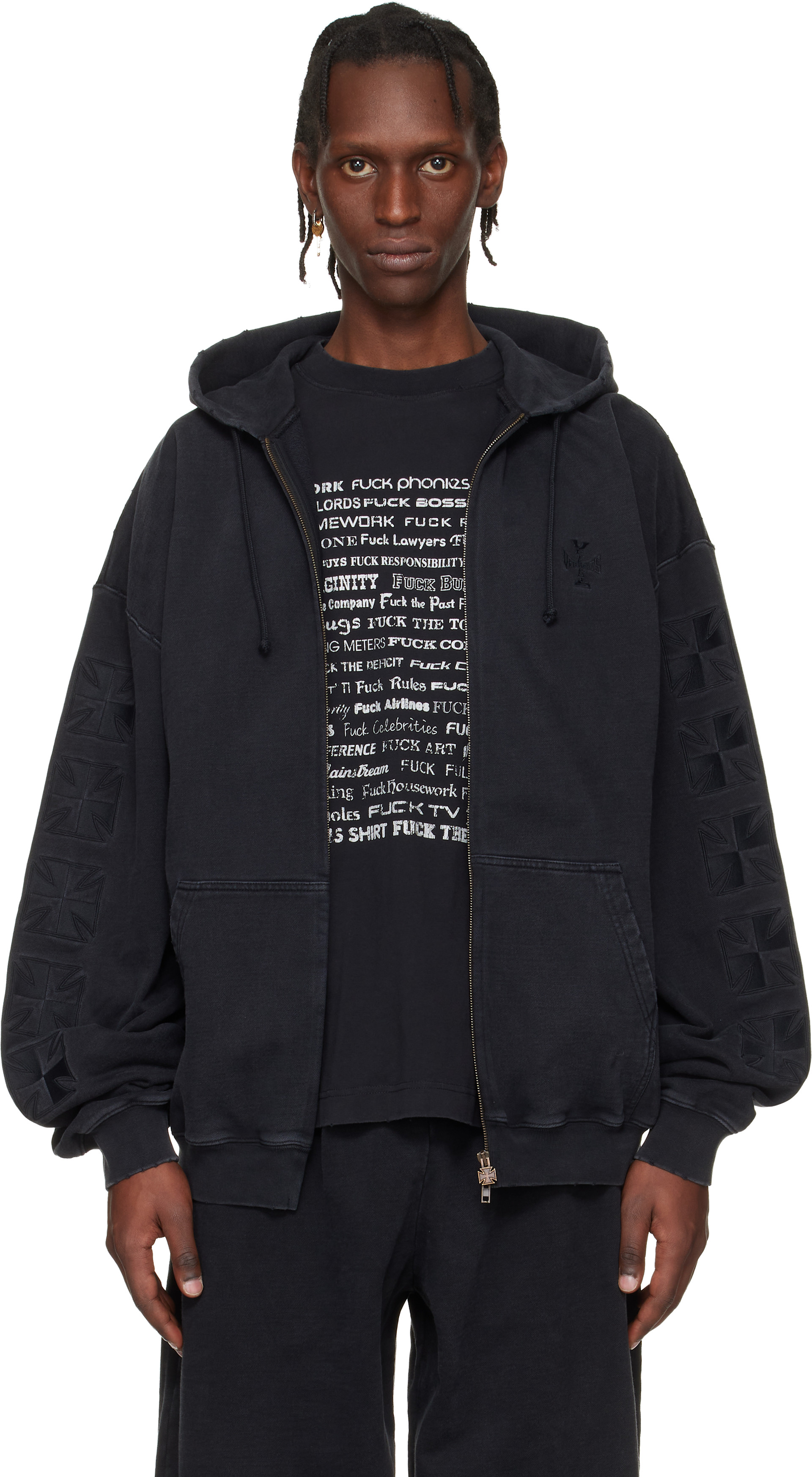 VETEMENTS: Black Embroidered Biker Cross Sleeves Zip-Up Hoodie