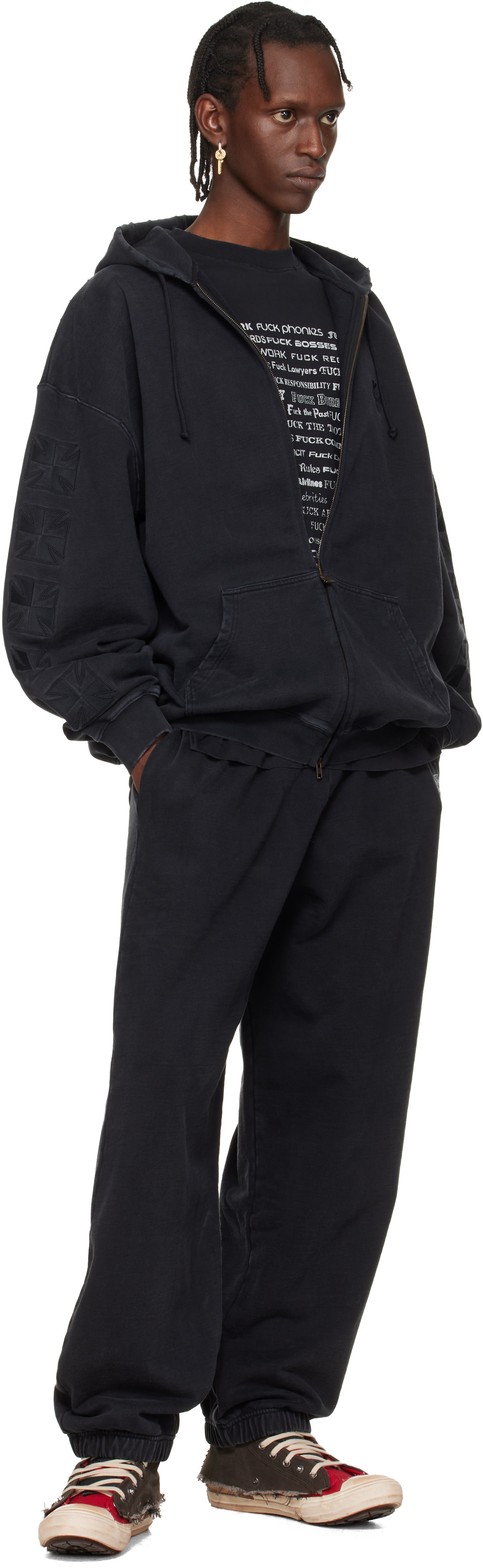 VETEMENTS: Black Embroidered Biker Cross Sleeves Zip-Up Hoodie