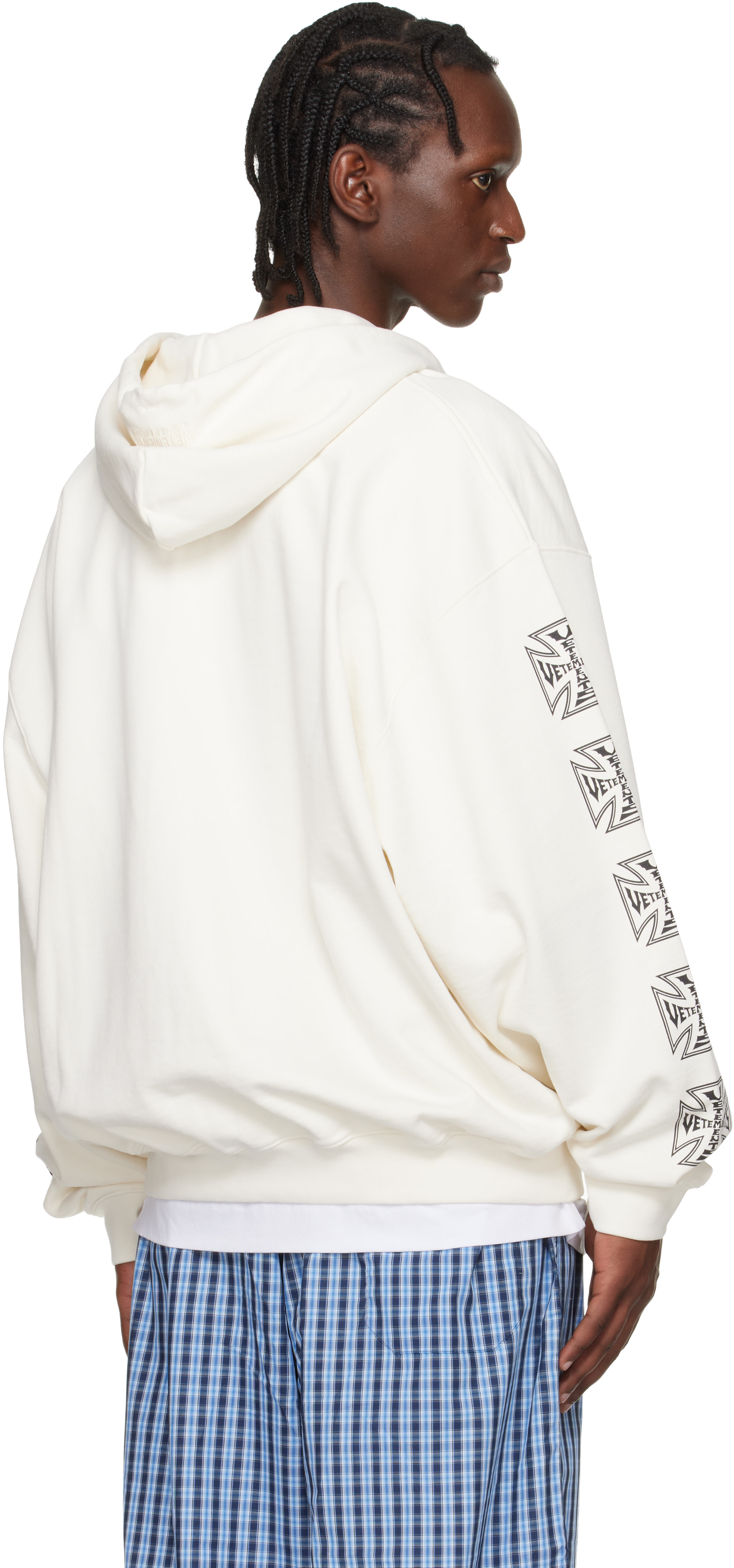 VETEMENTS: Off-White Biker Cross Sleeves Zip-Up Hoodie | SSENSE