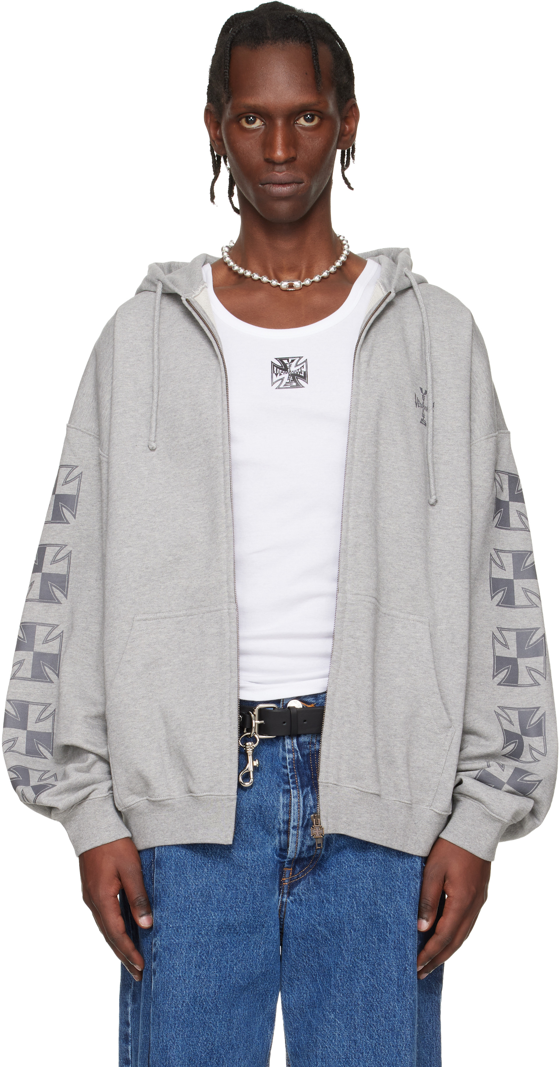 VETEMENTS - Pull à capuche gris à glissière et à croix
