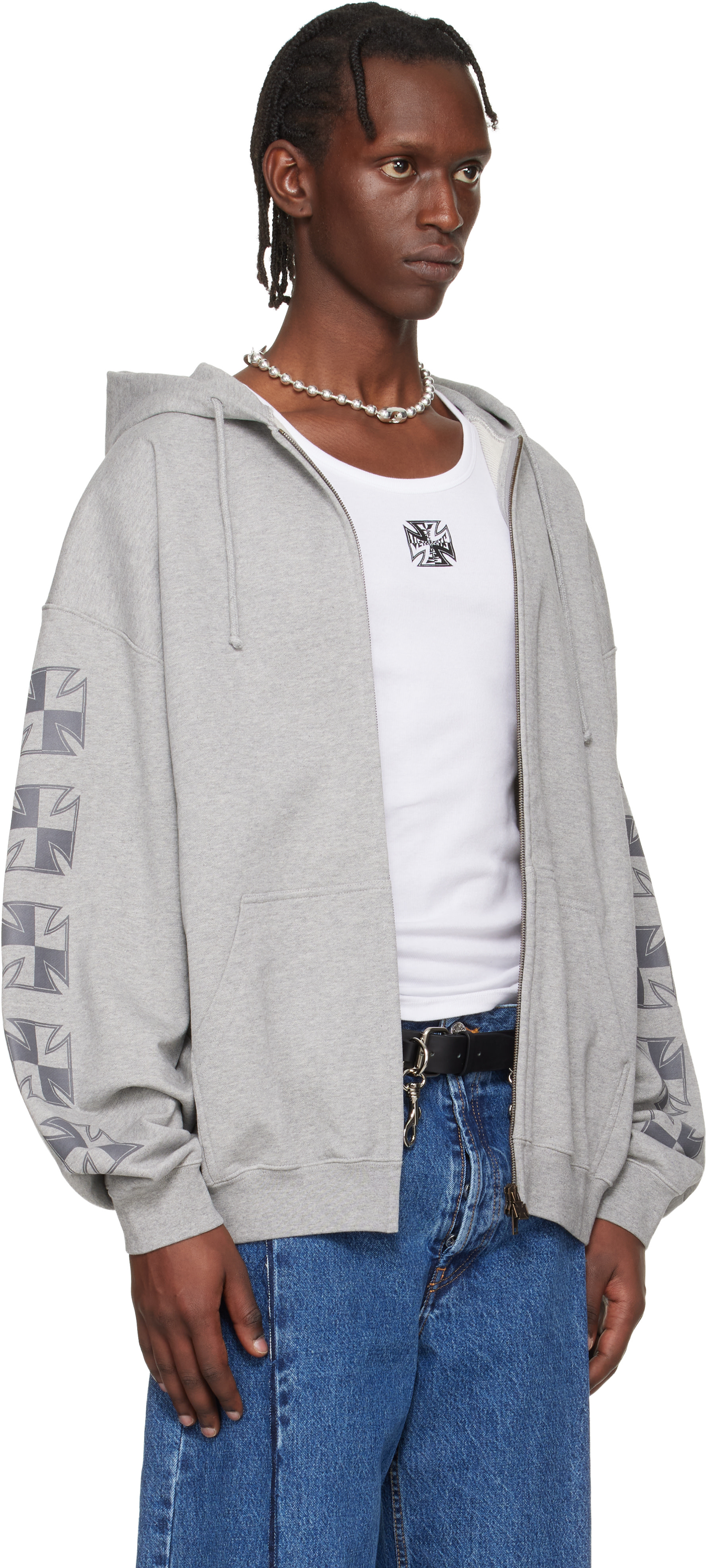 VETEMENTS: Gray Biker Cross Sleeves Zip-Up Hoodie | SSENSE Canada
