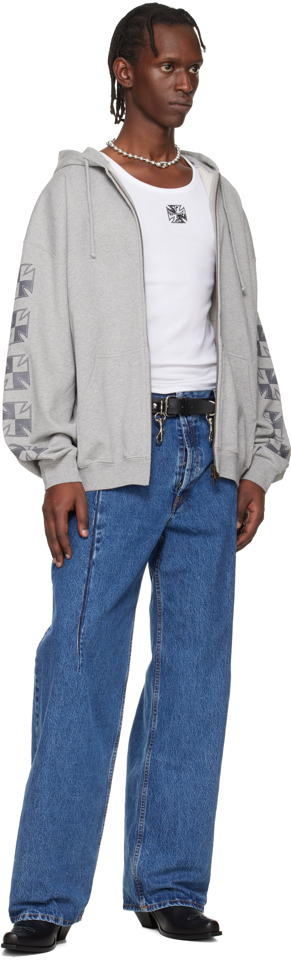 VETEMENTS - Pull à capuche gris à glissière et à croix