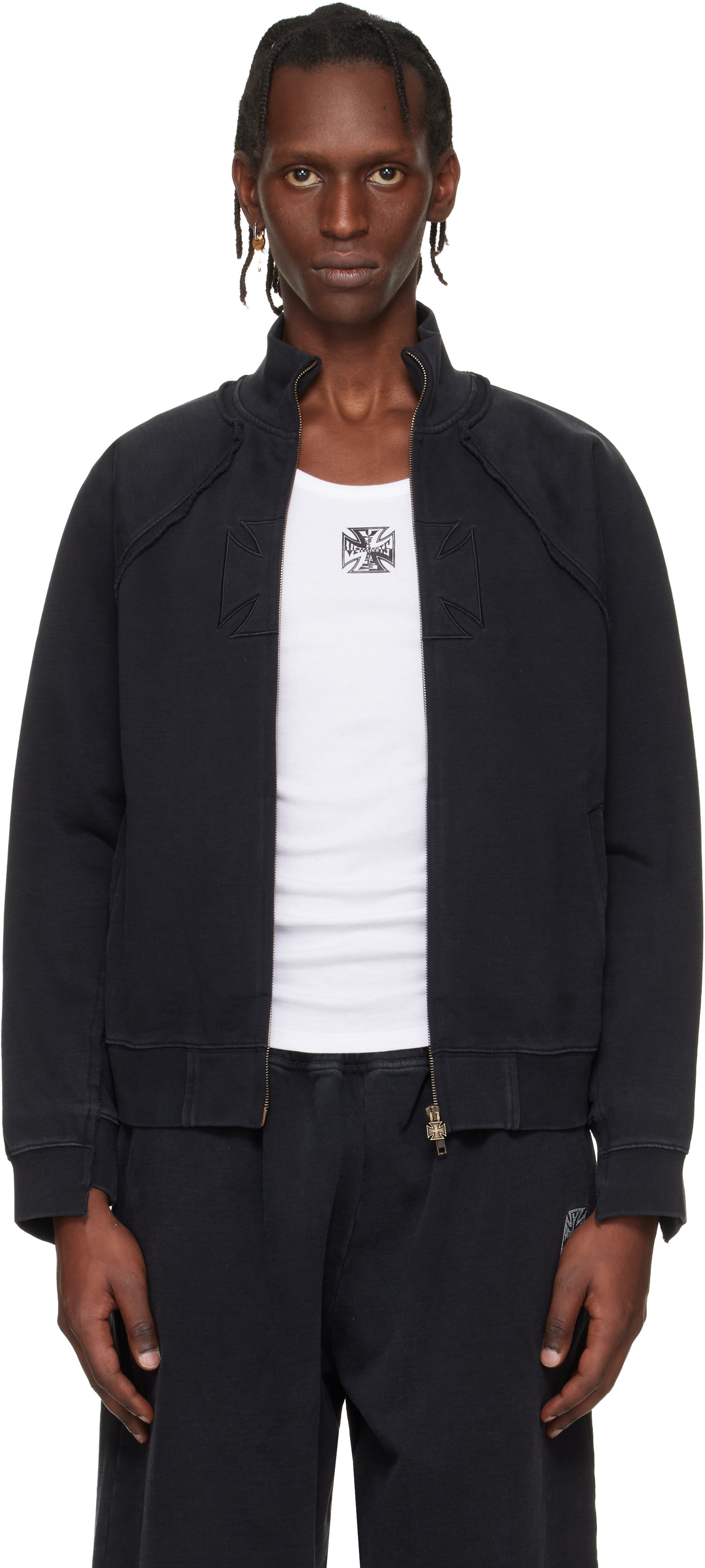 VETEMENTS: Black Biker Cross Fitted Zip-Up Track Jacket | SSENSE