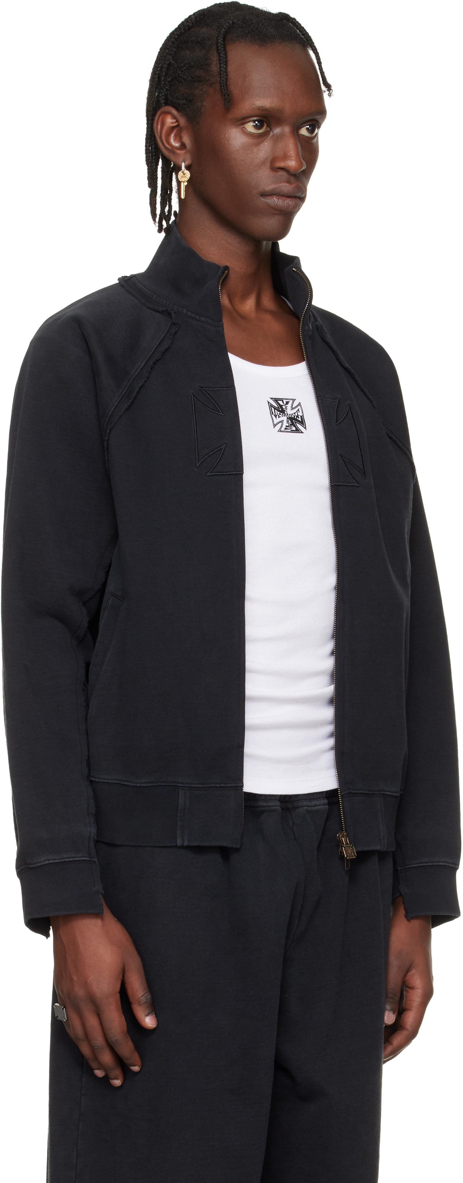 VETEMENTS: Black Biker Cross Fitted Zip-Up Track Jacket | SSENSE