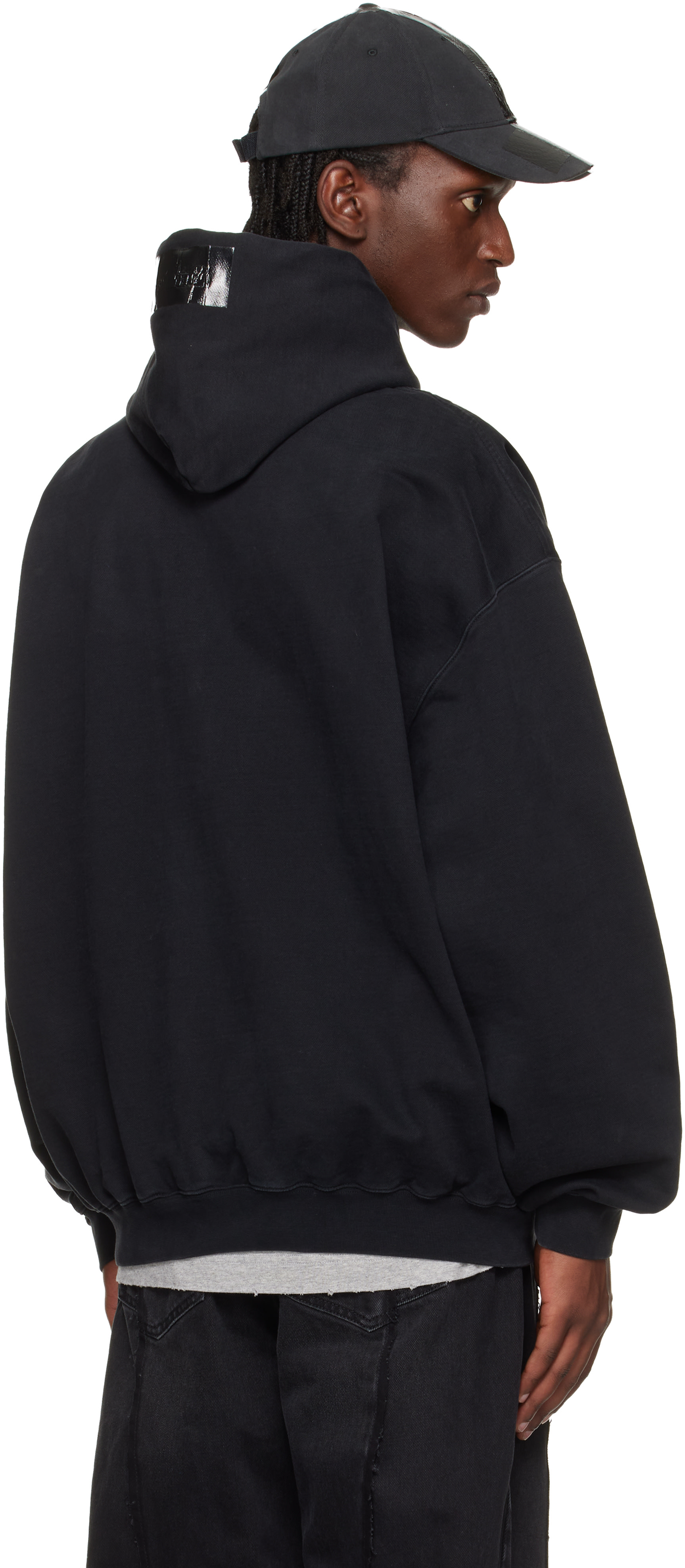 VETEMENTS - Pull à capuche noir à appliqués de ruban