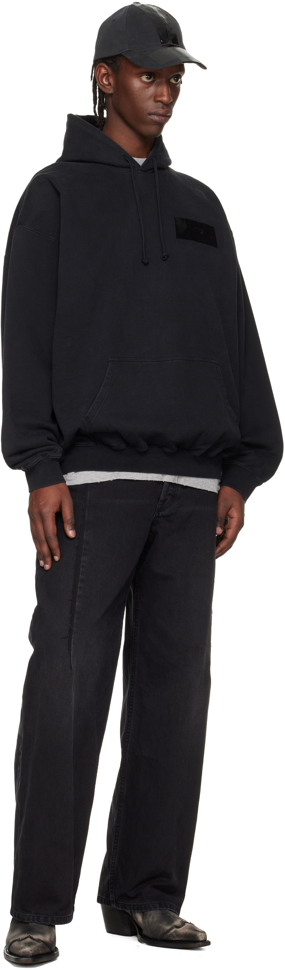 VETEMENTS - Pull à capuche noir à appliqués de ruban