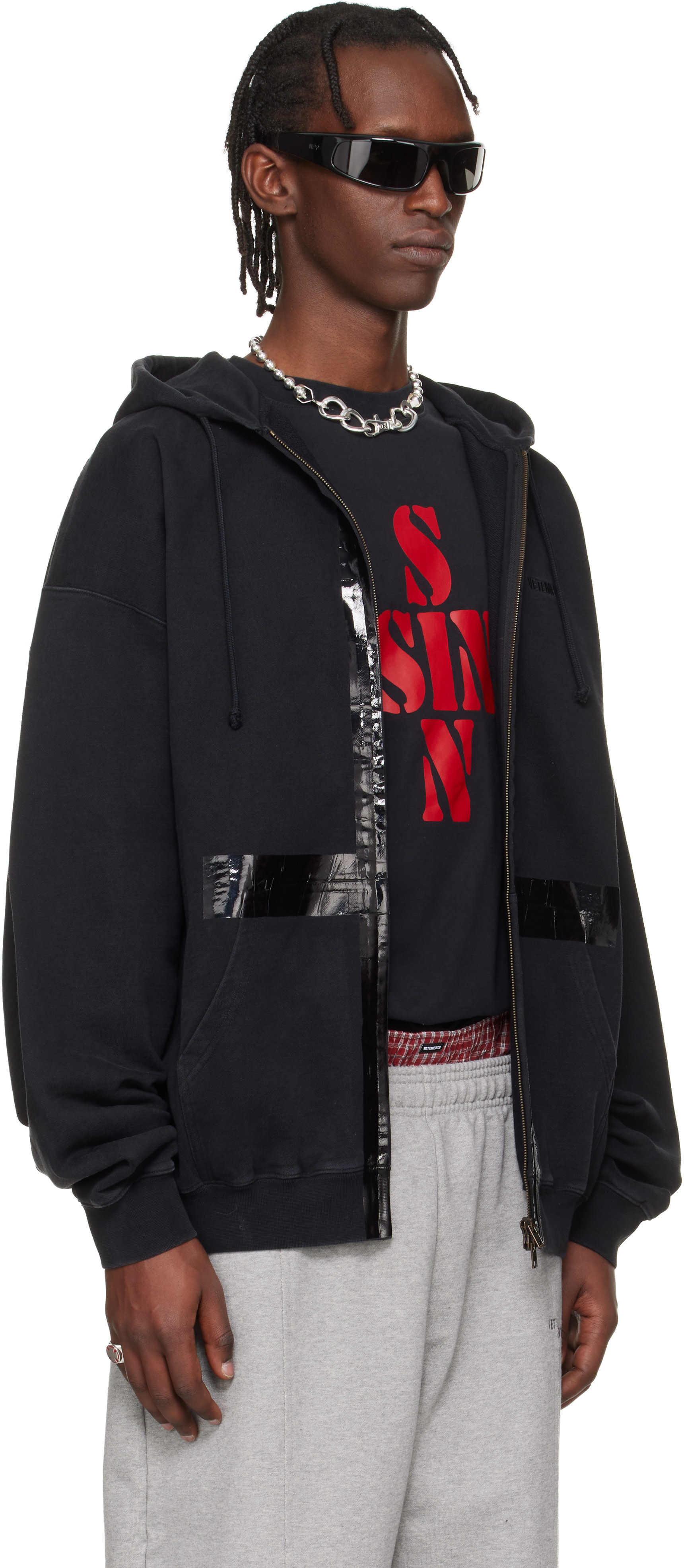 VETEMENTS: Black Taped Zip-Up Hoodie | SSENSE