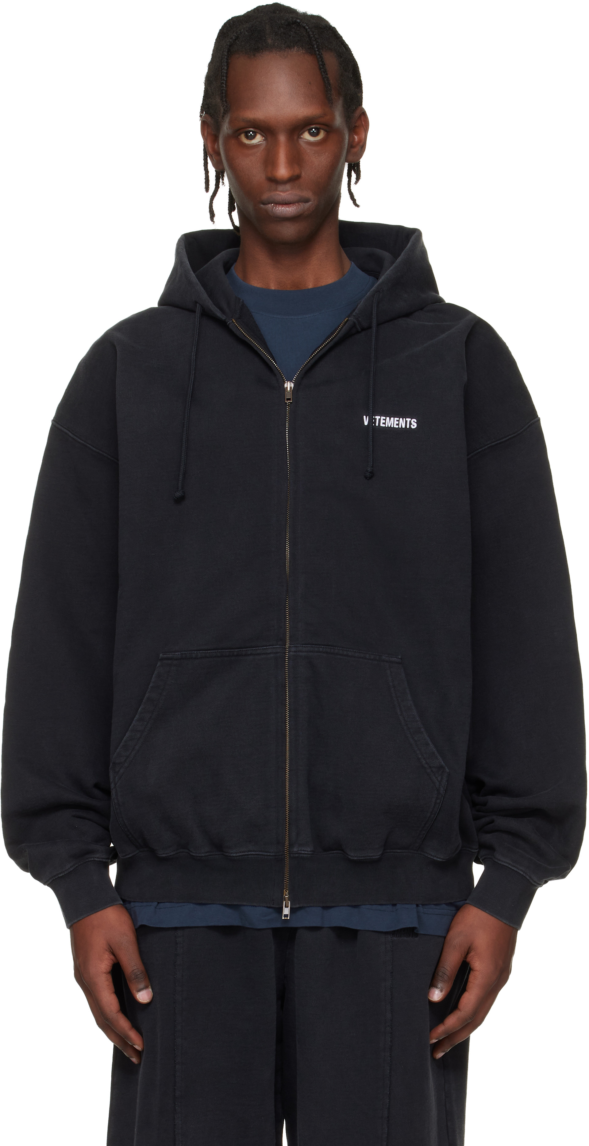 VETEMENTS - Pull à capuche noir à glissière et à logos